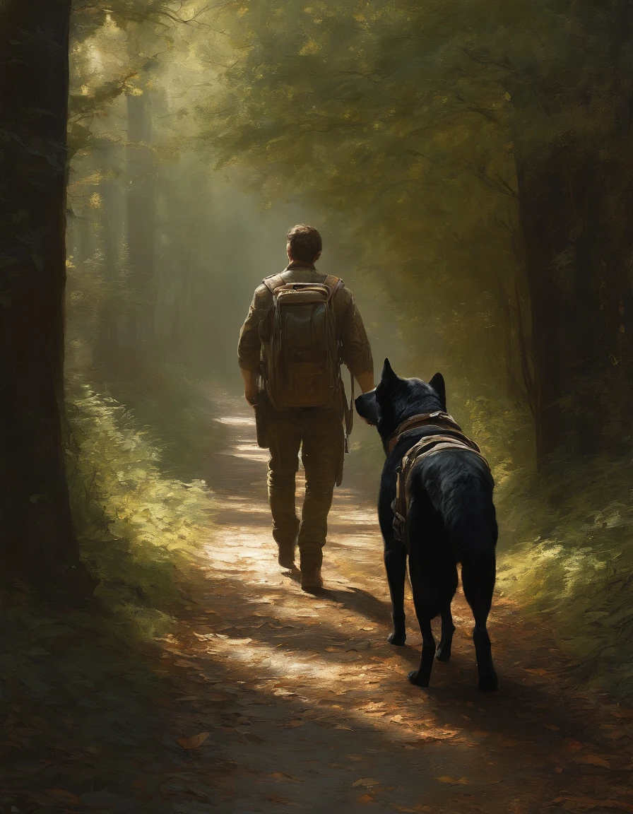 (masterpiece) RAW highly detailed, a man with a post-apocalyptic dog with a backpack is walking down a clear alley in a leafy and long forest, at the end of the way a strong white light shaped ball, hassanfantasy style, by Jeremy Mann and Donato Giancola ultra realistic highly detailed intricate photorealistic
