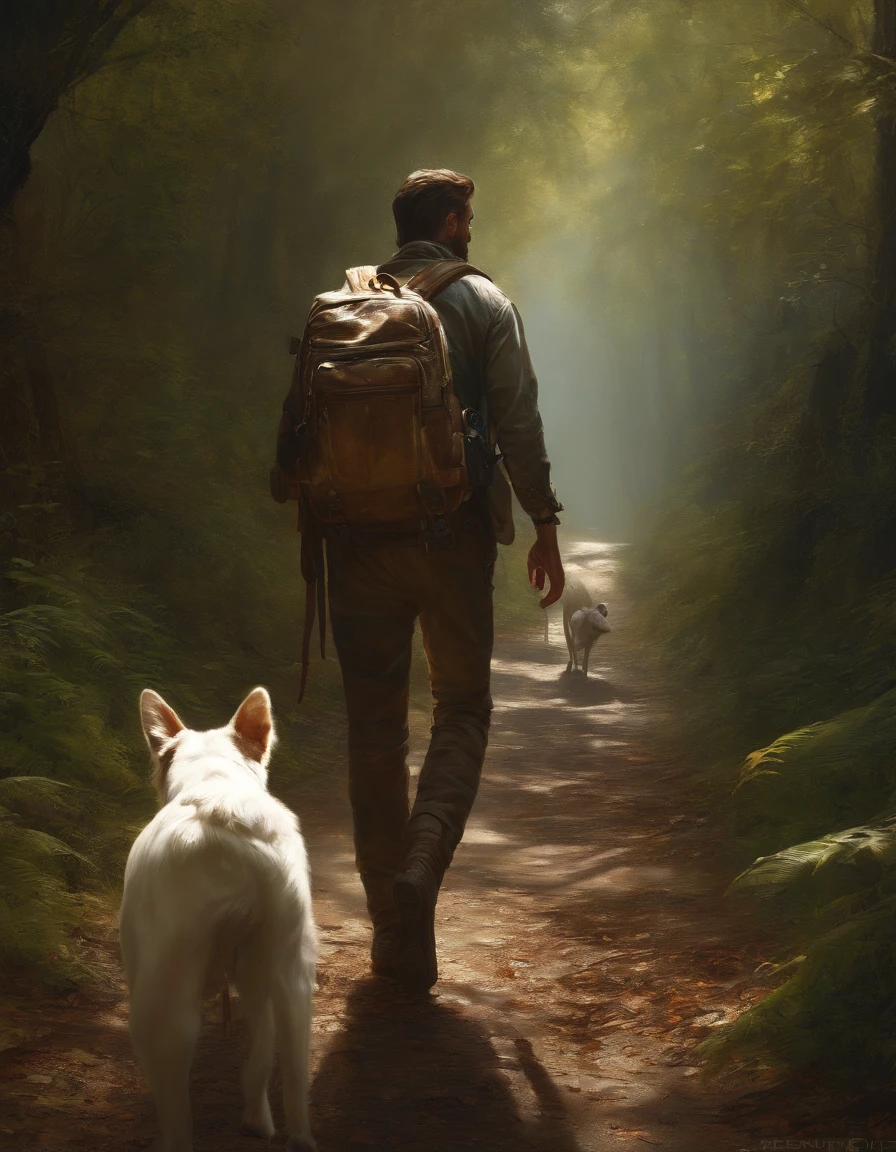 (masterpiece) RAW highly detailed, a man with a post-apocalyptic dog with a backpack is walking down a clear alley in a leafy and long forest, at the end of the way a strong white light shaped ball, hassanfantasy style, by Jeremy Mann and Donato Giancola ultra realistic highly detailed intricate photorealistic