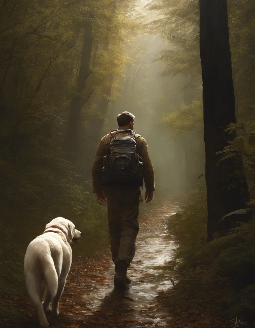 (masterpiece) RAW highly detailed, a man with a post-apocalyptic dog with a backpack is walking down a clear alley in a leafy and long forest, at the end of the way a strong white light shaped ball, hassanfantasy style, by Jeremy Mann and Donato Giancola ultra realistic highly detailed intricate photorealistic