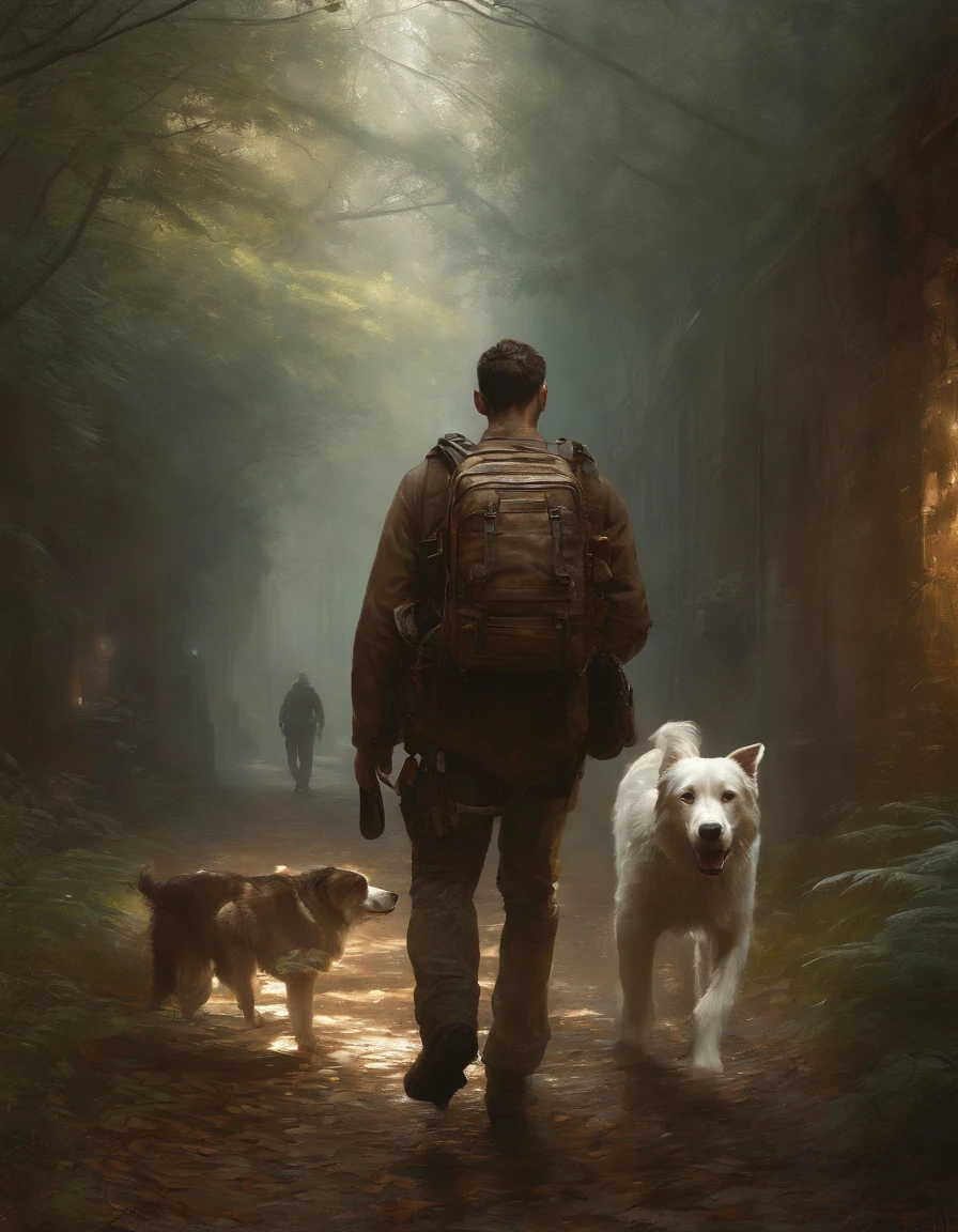 (masterpiece) RAW highly detailed, a man with a post-apocalyptic dog with a backpack is walking down a clear alley in a leafy and long forest, at the end of the way a strong white light shaped ball, hassanfantasy style, by Jeremy Mann and Donato Giancola ultra realistic highly detailed intricate photorealistic