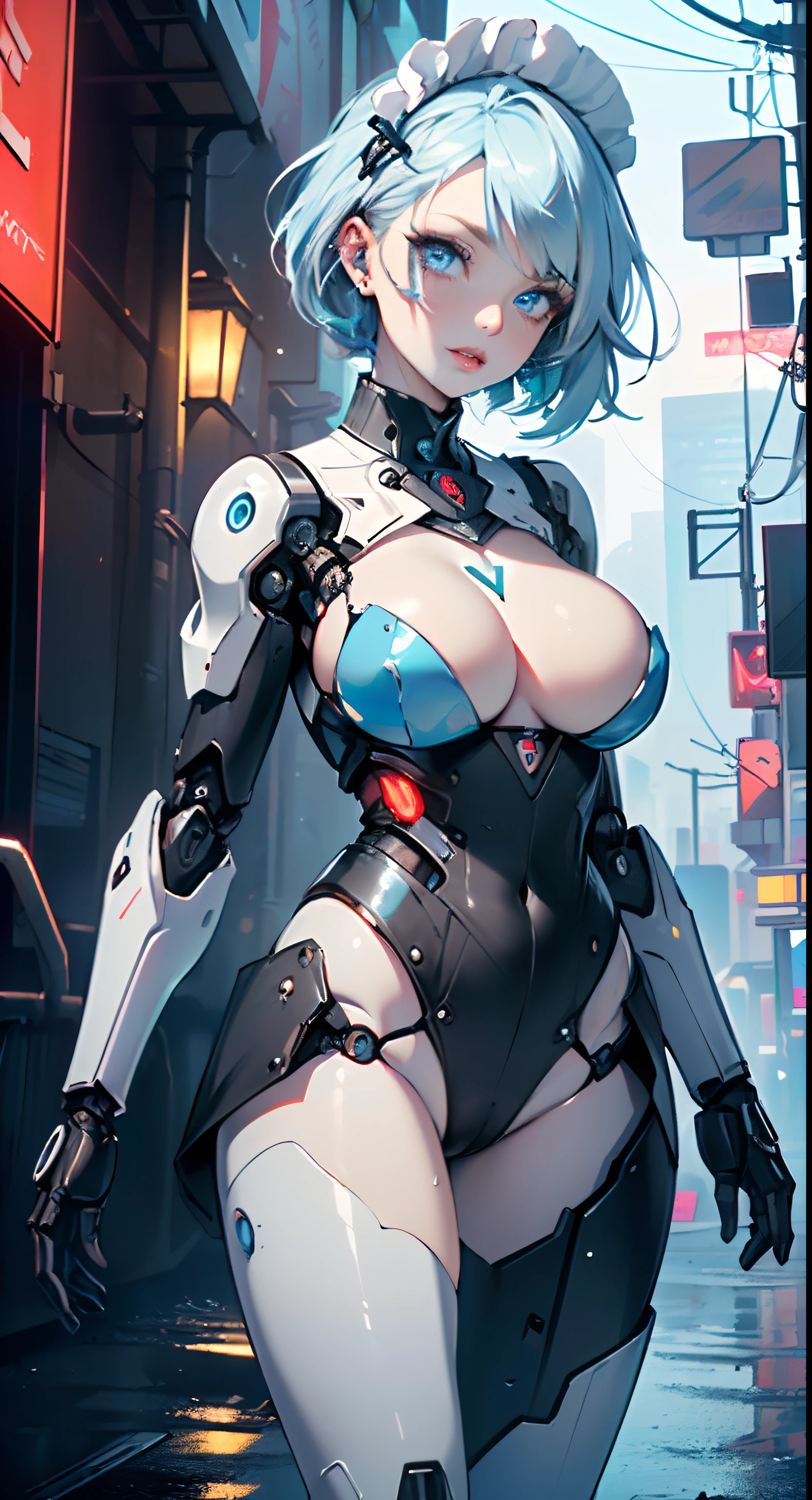 reelmech,(cyborg girl),(cyborg girl:1.5),
maid android,(((1girl))),((mechanical robot girl with extremely cute and beautiful pale blue hair)),
(large breasts:1.4),saggy breasts,(((pale blue bob hair:1.35,colored inner hair,short hair,ear breathing))),(((doll))) ,((((pale blue eyes,pale white skin,doll joints:1.5,mechanical hands:1.5,silver armored dress,tesla coils,maid mechanical doll:1.5,Body of a machine:1.5,metallic skin,ball joint,no facial features,cyborg:1.5, robotic parts:1.5,robot:1.5)))),(((blue eyes:1.3))),intricate eyes,beautiful detailed eyes,symmetrical eyes,((fat)),(((lustrous skin:1.5,bright skin: 1.5,skin tanned,shiny skin,very shiny skin,shiny body,plastic glitter skin,exaggerated shiny skin,illuminated skin, wet legs))),(spider lower abdomen,narrow waist,wide hip,detailed body,(detailed face)),((Mechanical joints: 1.4,Mechanical limbs)),
cute,slutty,seductive,erotic,(((nsfw))),
(maid headdress),bare_shoulders,delicate metal decorations,Headdress,(maid),sleeveless,miniskirt,boots,cleavage_cutout,bare_legs,((wet clothes,intricate outfit,intricate clothes)),
(dynamic pose:1.0),embarrassed,(centered,scale to fit dimensions,Rule of thirds),
cyberpunk city by the ocean at night, with bright neon signs and dark stormy clouds and puddles, scenery:1.25,
highres, sharp focus, (ultra detailed, extremely detailed), (photorealistic artwork:1.37),(extremely detailed CG unity 8k wallpaper),((synthwave background theme)),(((vibrant colors))),(intricate background),(masterpiece),(best quality),