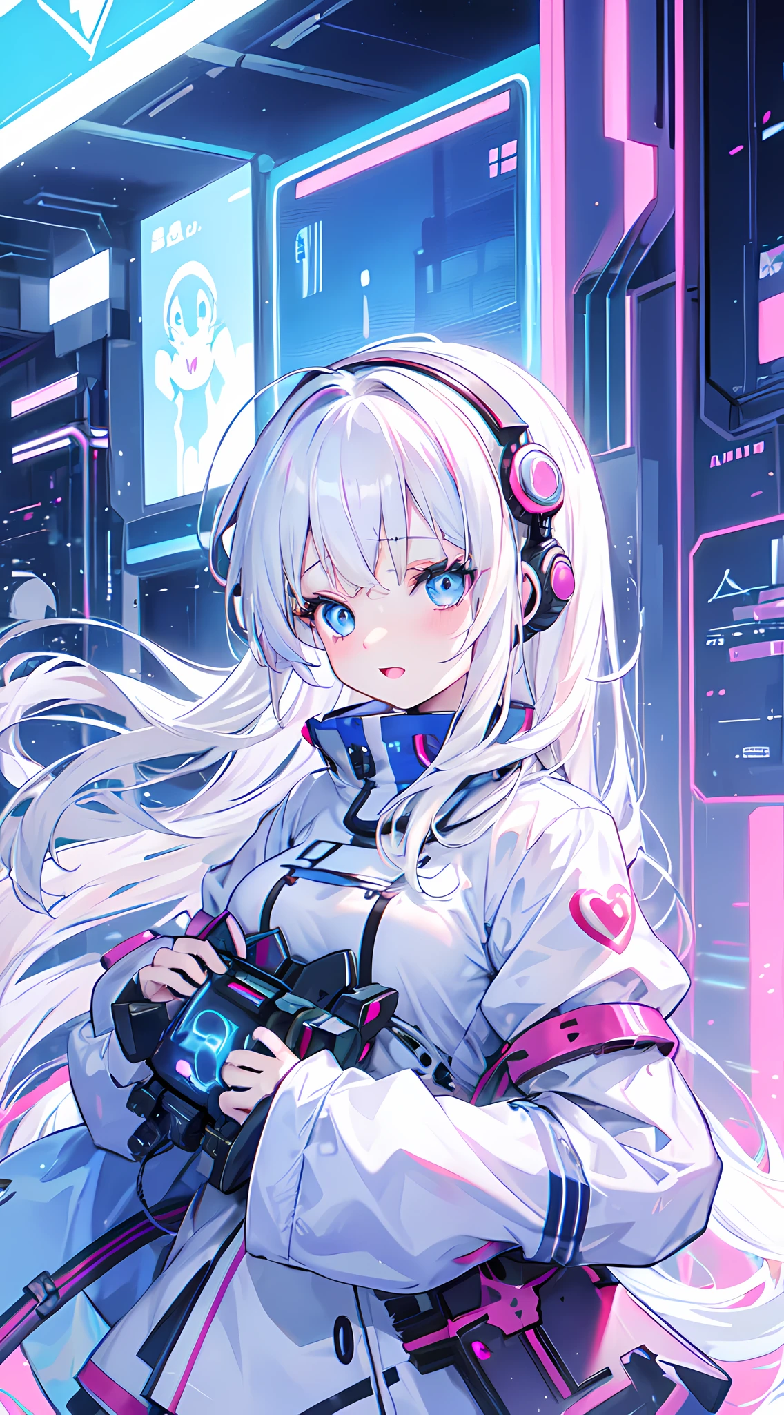 Newborn AI, AI Girl, anime girl, blue eyes, white hair, laughing, surprised, holding a teddy bear, digital background, cyberpunk anime