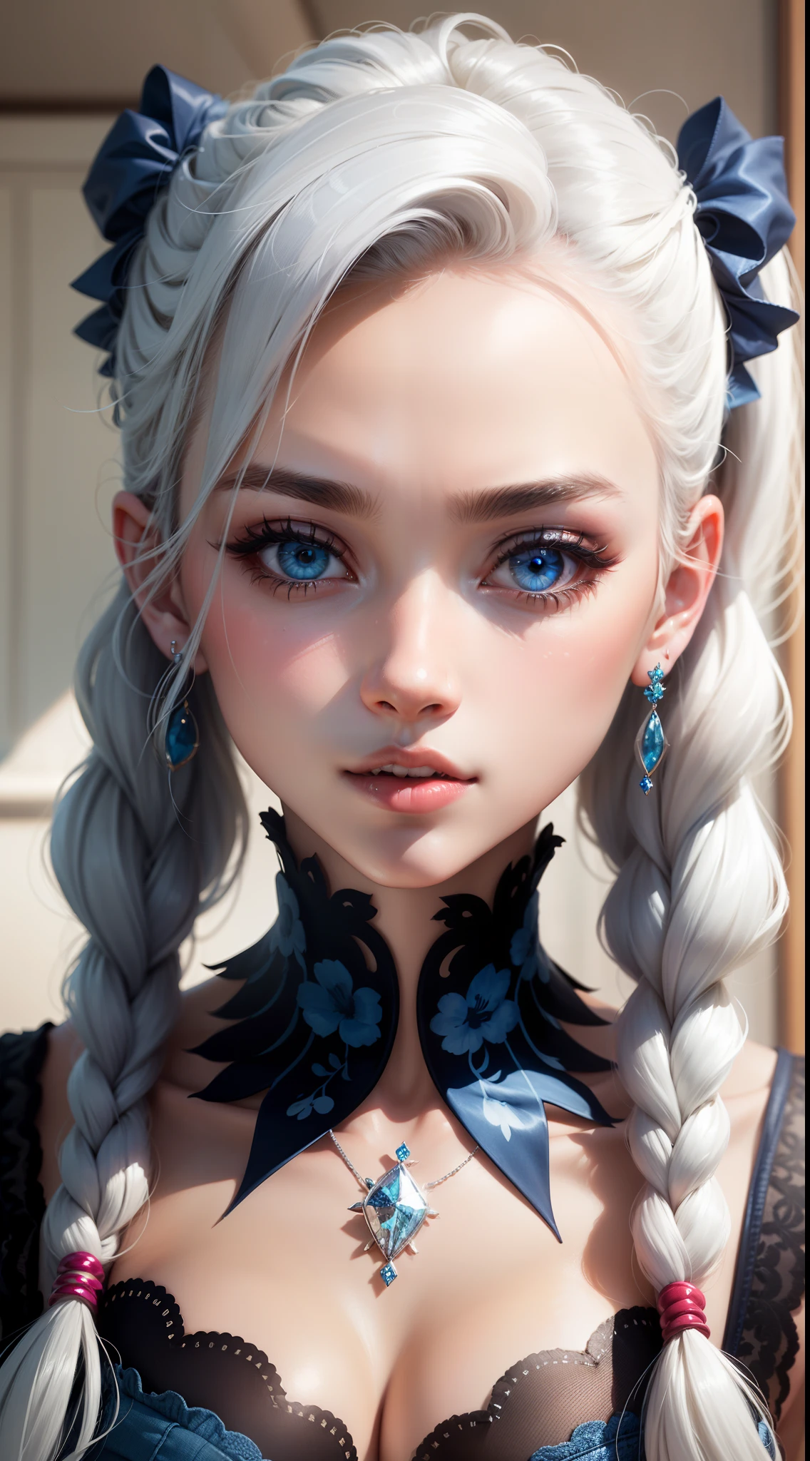 Beautiful girl smears her lips with lipstick. beautiful woman face, Fine details, High quality, High quality. Clear and true color 、Girl with indigo blue eyes、white hair、Diamond earrings、Braids、Twin-tailed、tiarra、clay、