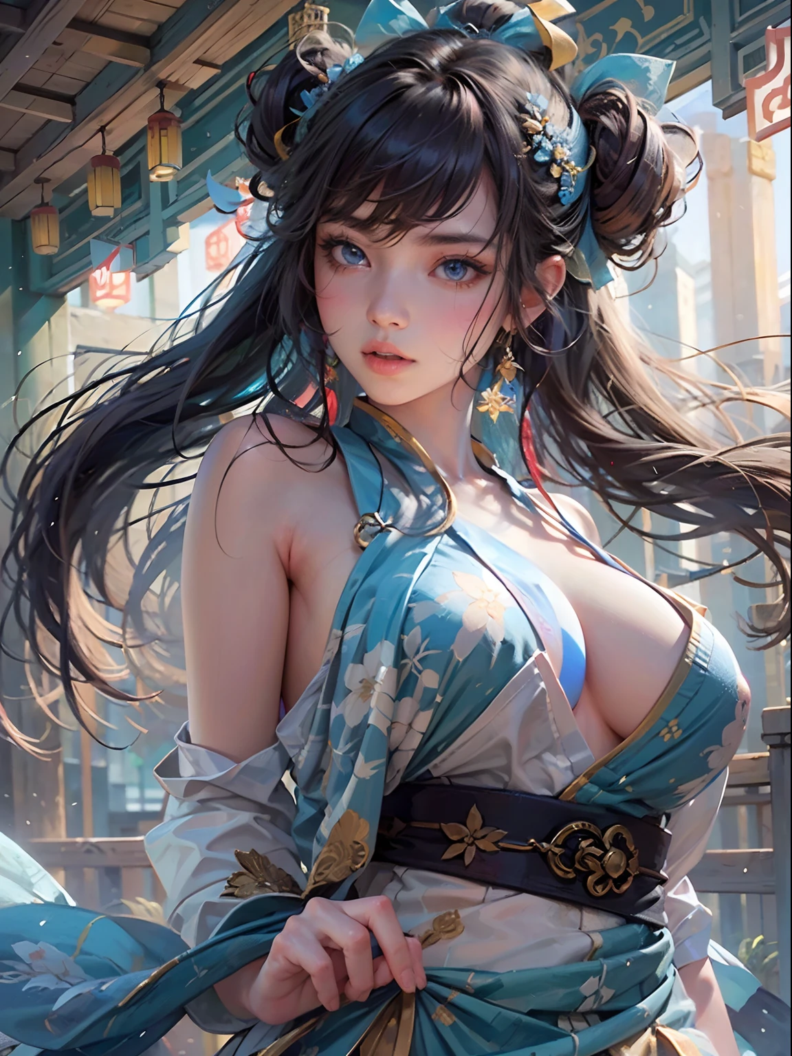 nsfw, 1girl, nude body, (masterpiece: 1.4), (8K, realistic, raw photo, best quality: 1.4), skirtlift, nipple areola shape clear, beautiful breasts,  Japanese girl, beautiful cute face, (real face: 1.4), perfect pussy, view from below, bottom_view, beautiful hairstyle, realistic blue eyes, beautiful detail eyes, (real skin: 1.3), beautiful skin, attractive, ultra high resolution, ultra realistic, cinematic lighting, black colored hair, long hair, twin ponytails, blue ribbons, ancient china, eastern fantasy, sword and fairy, chinese garden with lanterns