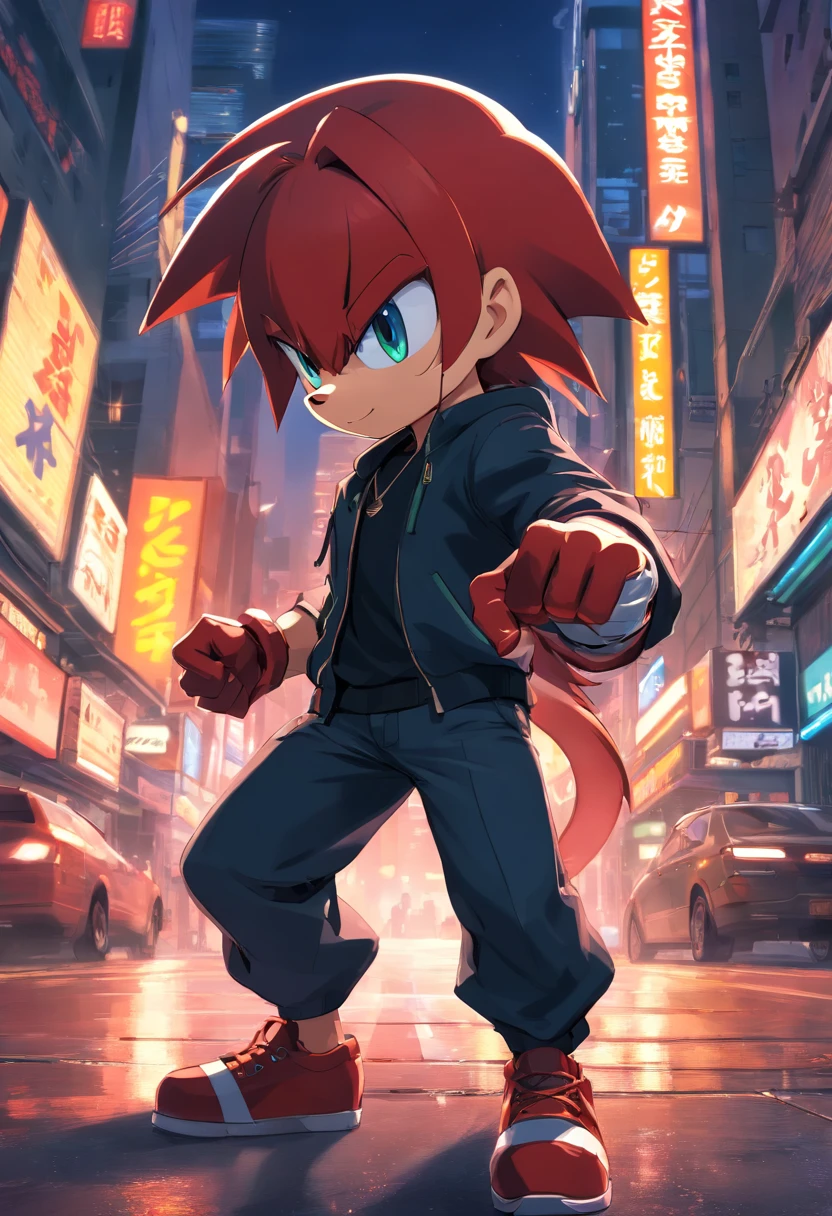 Knuckles do jogo Sonic the Hegehog, masculino, pelos vermelhos, wearing black spy clothes, with a serious expression, incredible details, Dynamic background of a city at night