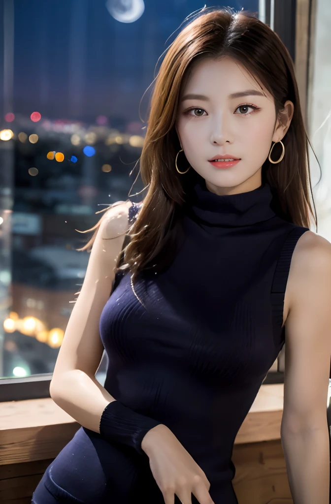 (((Sleeveless Turtleneck Knit dress of violet:1.2))), (innocent and classy girl), (Cowboy shot:1.2), (focus on face and breasts), large breasts, (in office by the window:1.2), (((night view at night:1.4))), ((sleeping:1.2)), from above, (layered hairstyle, brown hair, medium long hair), Very Detailed Face and Skin Texture, Detailed Eyes, Double Eyelids, Pale Cheeks, glossy skin, shiny little neckless and earrings, Glossy Lips: 1.4, fair skin:1.2,