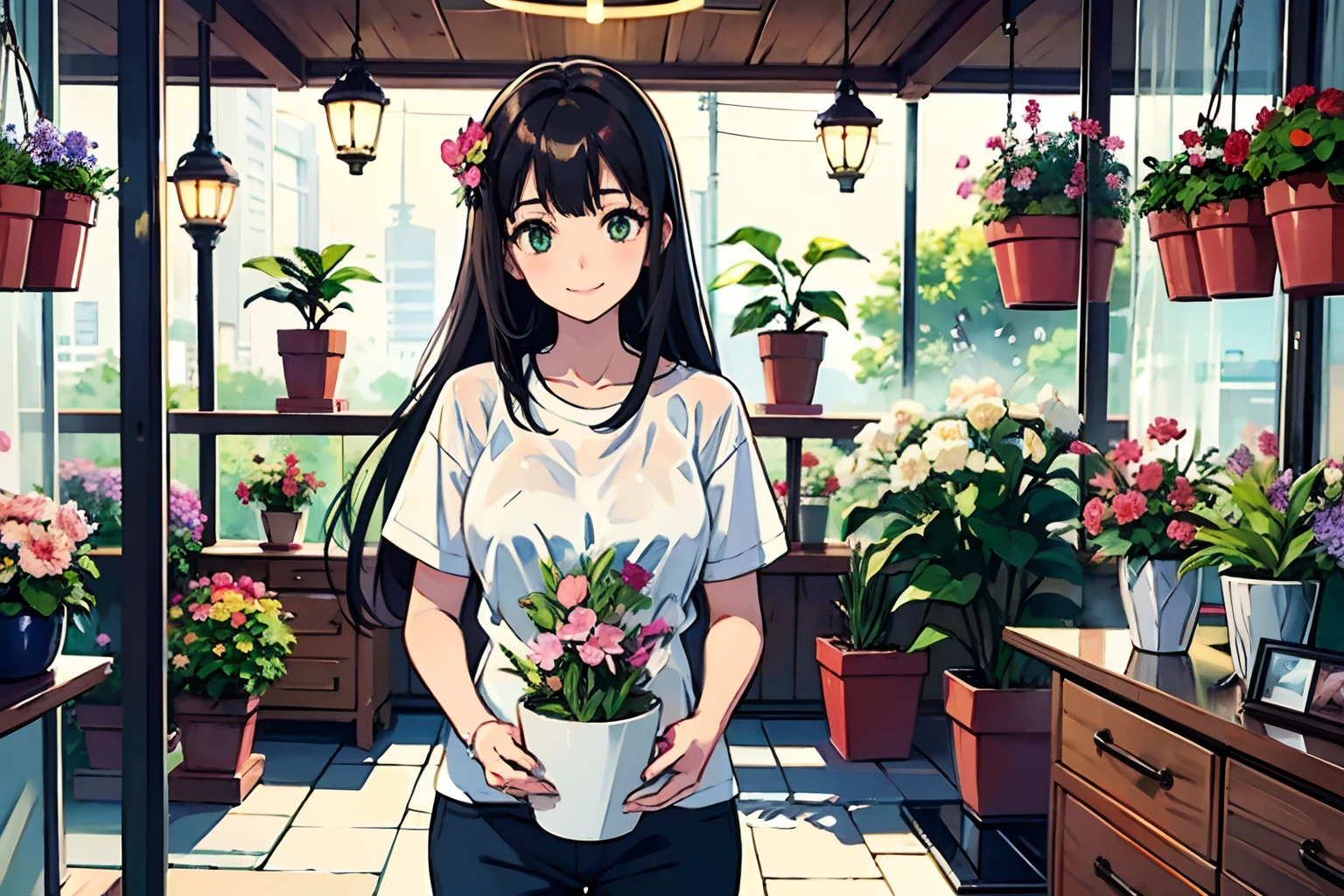 Best quality、超A high resolution、full bodyesbian、Fine，Outside the vitrine, In heavy rain，Girl working in a flower shop、Different potted plants、Lots of flowers，Wear a boyfriend-style loose T-shirt，Long hair，Bouquets are being made、Florist background， Cute happy smile
