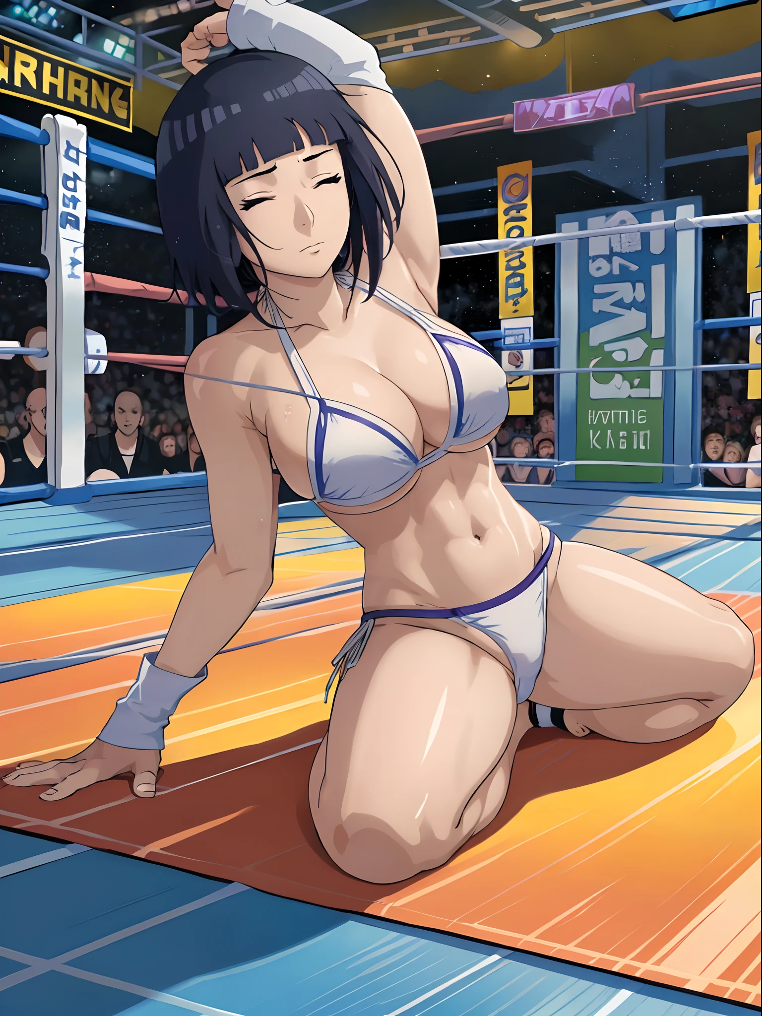 (WALLPAPER,  (hinata\(boruto\), (((1 girl, white string bikini, defeated wrestler))), masterpiece, 4k, vector coloring, fully body view, (scene of knocked down girl on wrestling ring), (high color saturation), contrast lighting, mature female, (curvy:0.8), solo, anime style, sharp focus, professional artwork, intricate details, colorful, vibrant colors, vivid colors, digital blending, ultra detailed body, ultra detail hair, ultra detail face, trending on pixiv, very hot colors, (((wrestling ring, indoors))), detailed bold arm lines, high color saturation, bold lines, bold drawing lines),
((knocked down on wrestling ring, lying down on wrestling ring surface, unconscious on her back)), (head tilt), open mouth, closed eyes),
((dark blue hair color:1.1), wavy hair, ((short hair, hime cut)),
(white skin, (fair skin), slender body, milf, perfect face),
(legs, big breasts, off-shoulders, (detailed shoulders, detailed arm lines)), 
(bare shoulders, bare legs, stretching),