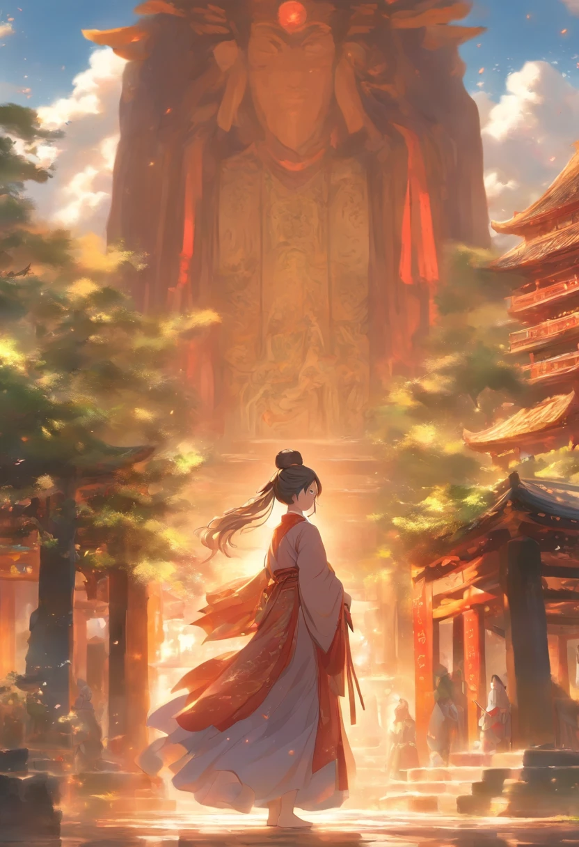 In a quiet village，A young girl in antique costume stands in front of an ancient temple。She looked up at the huge figure of God high above。，The statue of the god is majestic and majestic，As if beyond mortal dust。God is a young man，He wears gorgeous Hanfu，Manners are varied，Its appearance is huge，Like a god。

The girl's eyes showed awe and piety，Her hands clenched gently，Endless respect for the gods。In this peaceful village，God's presence brings peace and hope。His tall figure stood above the village，Like a guardian，Bring blessings and shelter to people。

The whole scene is full of ancient atmosphere，It exudes a mysterious and sacred light。The girl's costumes and statues show a strong atmosphere of antiquity，It's like going back in time。The picture is full of power and beauty，Awe-inspiring and moving。