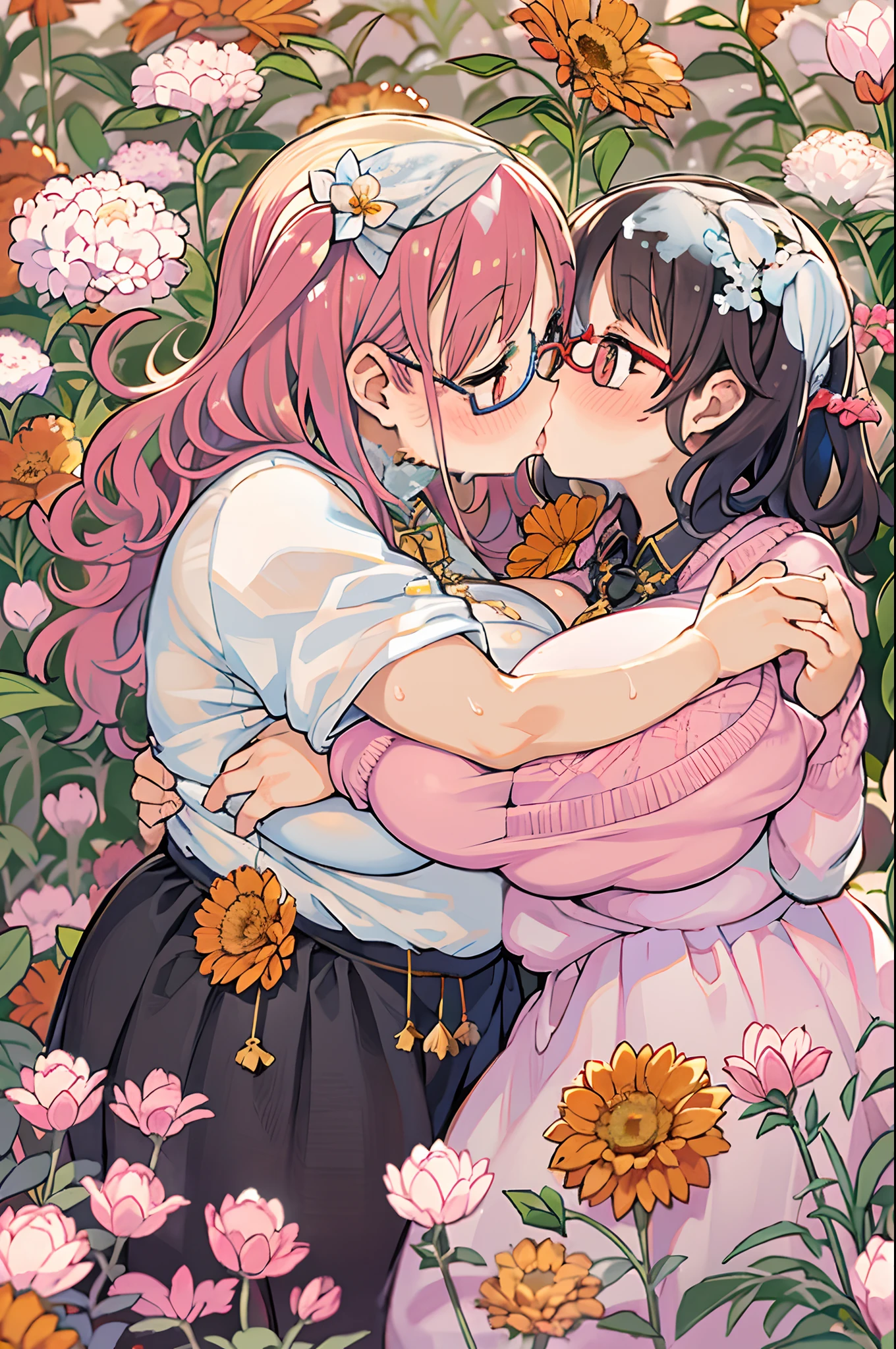 Two-dimensional girl enjoying flowers、huge-breasted、big round glasses、bbw,Large Thigh、Two girls、embracing each other、Deep kissing、the kiss、lesbian、red blush