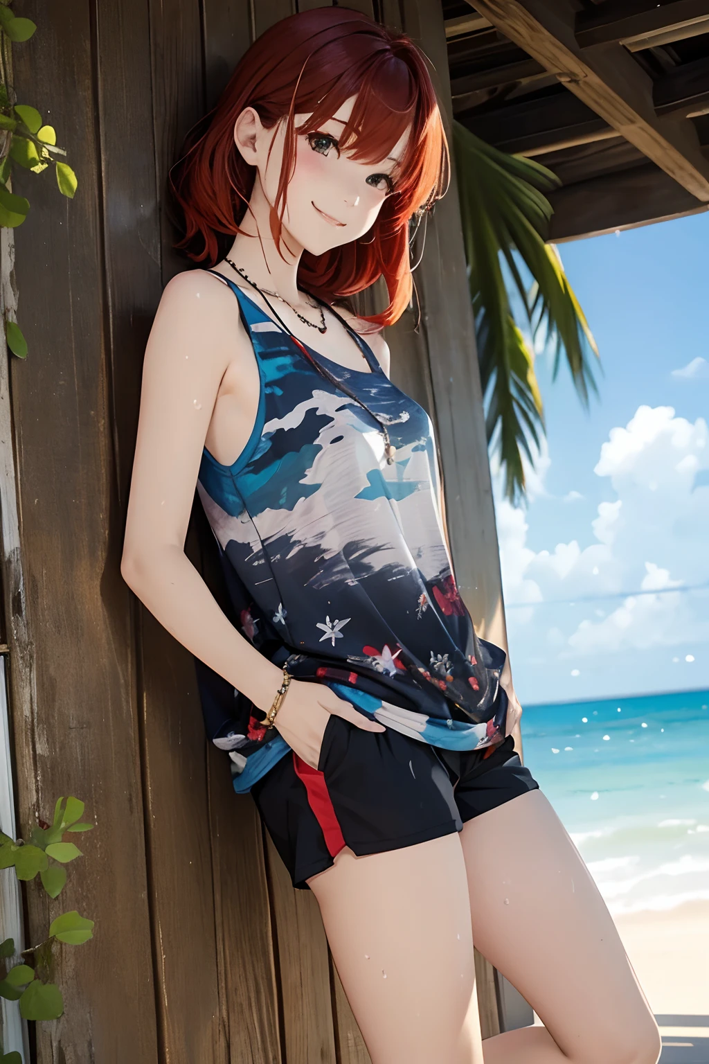 FULL BODYSHOT、an oil painting、masterpiece、top-quality、hight resolution、Red hair、Cheerful woman、A smile、Camouflage pattern tank top、Black shorts、Sweaty skin、shores、The seaside looks fun、blue-sky、lightly dressed、bobhair、butterflys々Necklace