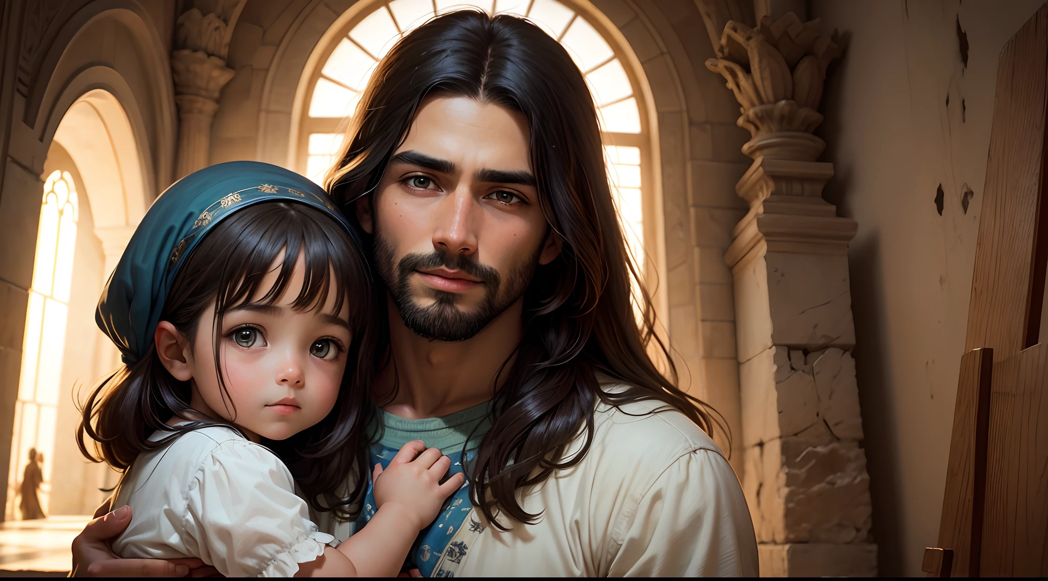 There is a painting of a man holding a child in his arms, Jesus Cristo, Jesus embracing a girl, with a kid, com o ****** Jesus, Christian art, beautiful image ever created, beautiful depiction, ! holding in your hand!, foto muito bonita, he is happy, greg olsen, pai, jesus, arte inspiradora, gigachad jesus, imagem emocional, rosto de jesus, BIBLICAL CITY, cosmic background, fundo angelical