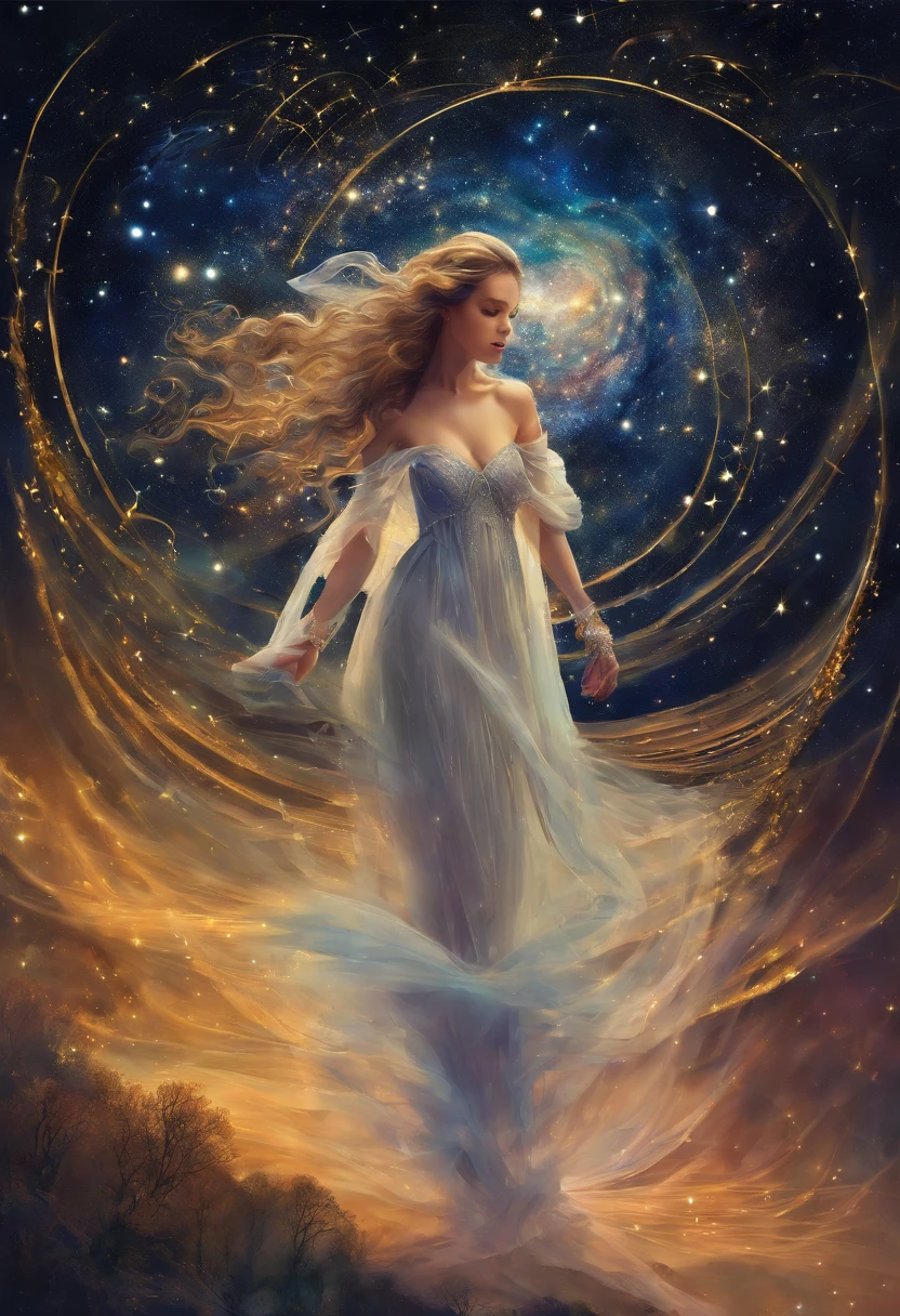 landscape, Queen in dress made of white veil on starry night、Looking diagonally up, Galaxy on top, Vortex of Light, whirlpool，8Ｋ, Realistic image quality，Star spiral, rune, Fine-grained skin, Beautiful woman，long hair with gray hair, Hair flutters，beautiful a girl，Dragging her extraordinarily long hem、Crossing the earth below.  While she walks, Starry night falls on her path.　Starry Night Fantasy. Perfect beautiful face, Perfect hands, Fantasy Art, landscape, top-quality，super-fine，Photographic realism，