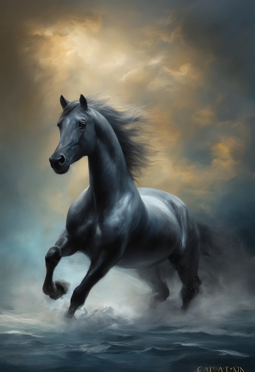 （Legendary artwork），（Running unicorns），Blue-black body，Fluorescence，rendering by octane：1.5，in a cloud，Faraway view，Ultra-clear image quality，No characters，（Cloud effects：1.5），（Lightning effects：1.5），（Water vapor effect：1.5），super detailing，8K，official works