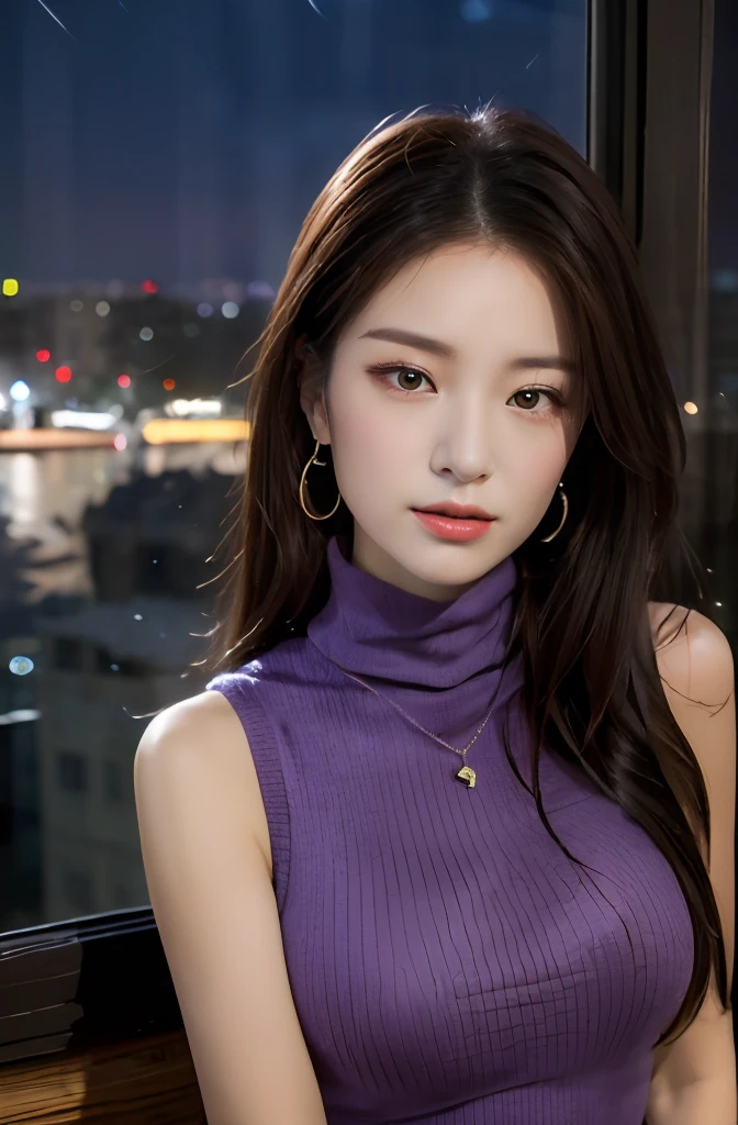 (((Sleeveless Turtleneck Knit dress of violet:1.2))), (innocent and classy girl), (Cowboy shot:1.2), (focus on face and breasts), large breasts, (in office by the window:1.2), (((night view at night:1.4))), ((sleeping:1.2)), from above, (layered hairstyle, brown hair, medium long hair), Very Detailed Face and Skin Texture, Detailed Eyes, Double Eyelids, Pale Cheeks, glossy skin, shiny little neckless and earrings, Glossy Lips: 1.4, fair skin:1.2,