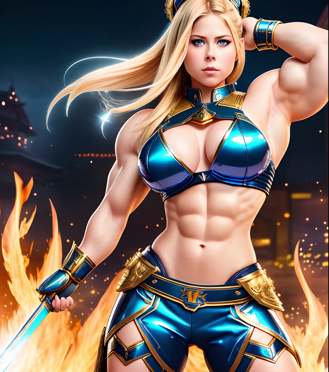 Avril Lavigne (1 girl) with glowing blue eyes with lens flare, a stunning face, wearing golden white and blue samurai armor, she has a fire katana in her right hand, perfect breasts, well-endowed, 8-pack abs, muscular legs, perky glutes, round glutes, muscular glutes, feminine, very large breasts, perfect body, perfect proportions, feminine and muscular, bodybuilder physique, armor is very shiny and creates light reflections and lens flares, masterpiece, best quality, ultra-detailed, very detailed illustrations, extremely detailed, intricate details, highres, super complex details, at a dock in the evening, complete body in view, full-length shot, full shot