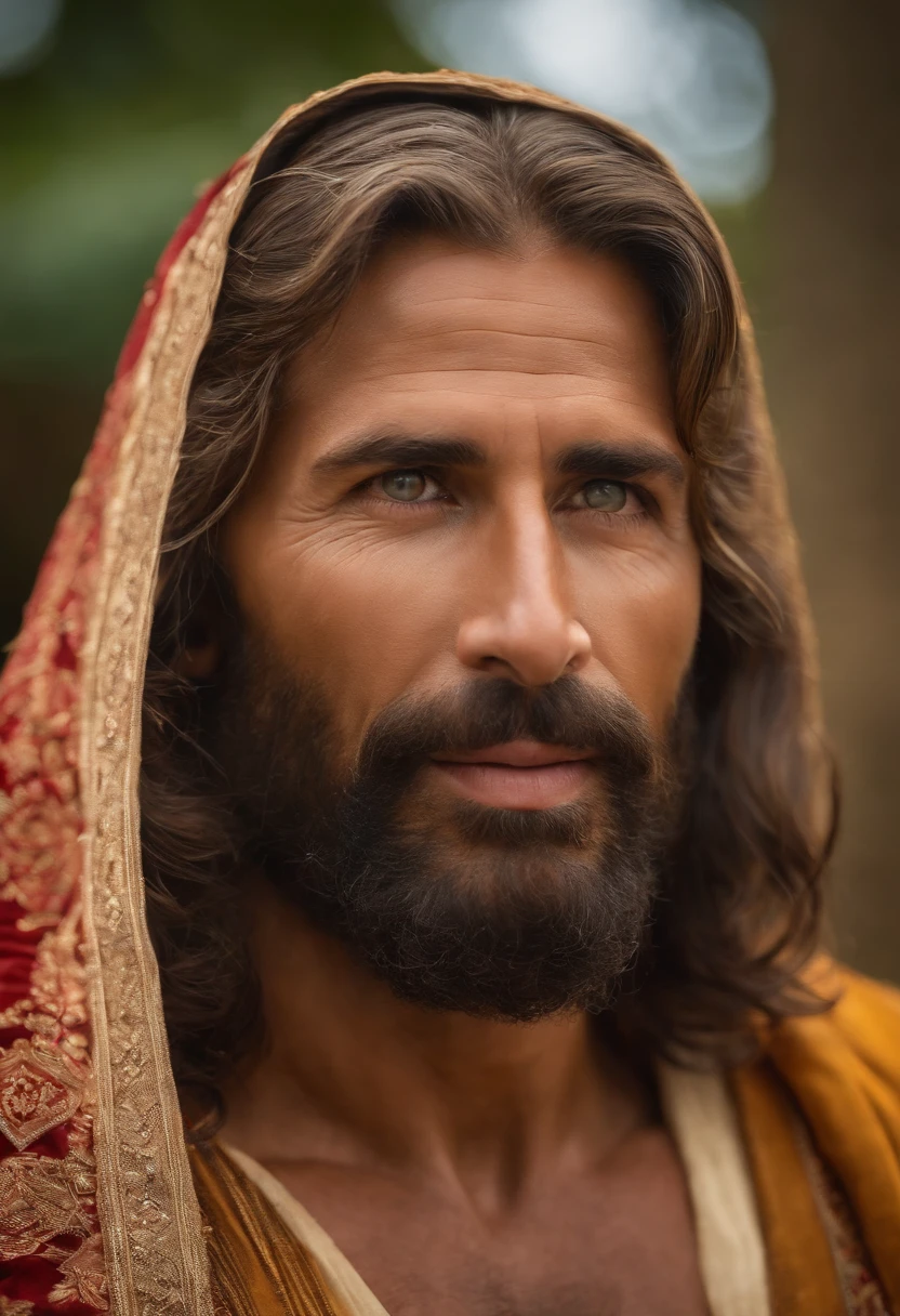 Gere uma imagem de Jesus estilo realista, at the wedding at Cana , transformando as aguas que estavam nas grandes jarras de pedra em vinho . com longos cabelos castanhos e barba. His eyes are kind and expressive,, garanta que a imagem seja de alta qualidade e rica em detalhes, capturing the essence of Jesus , pele altamente detalhada: 1,2 8k uhd , 20MP, Fujifilm XT3, 80mm