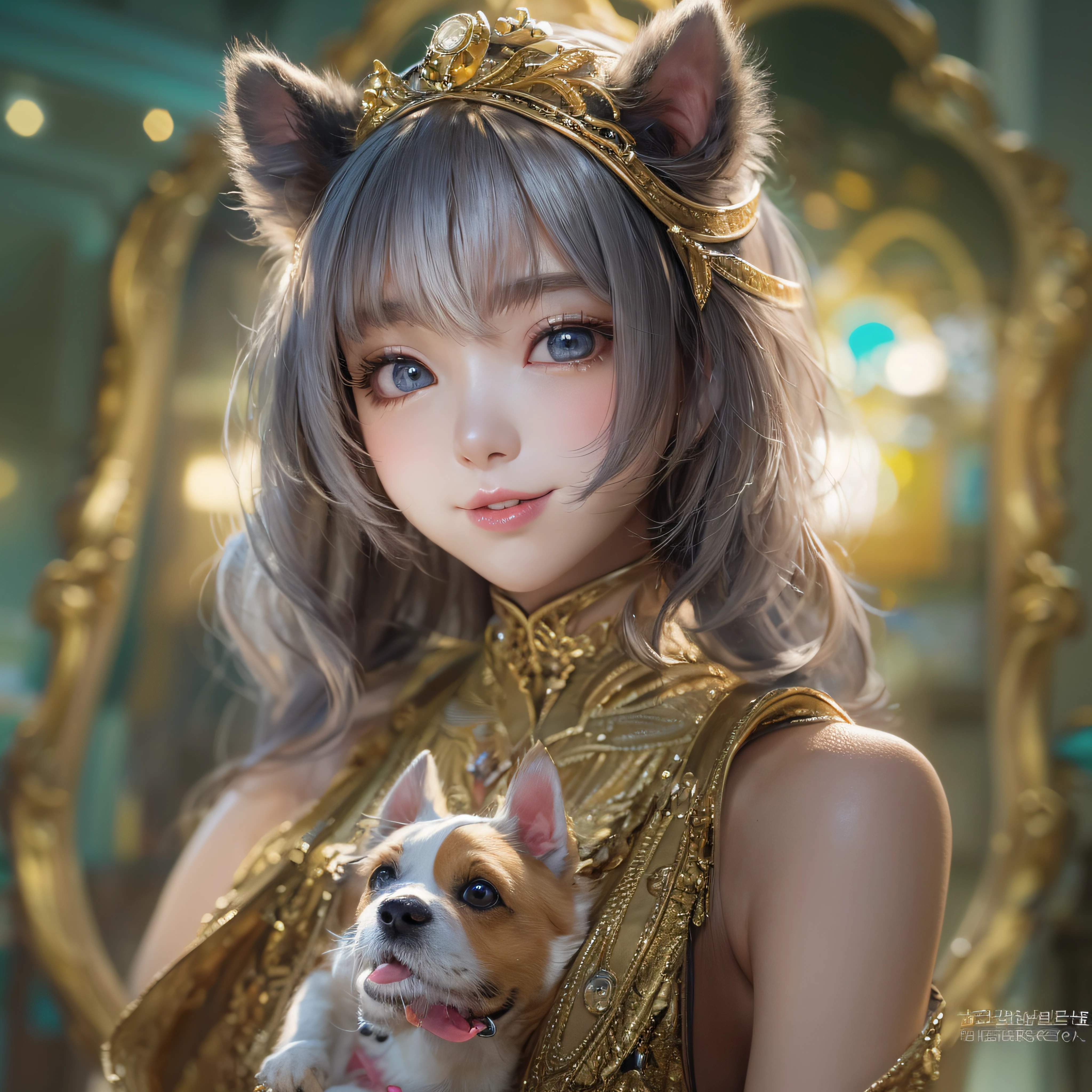 Dog Girl、Headbands for dog ears、Close up of a smiling face with a bello out、Facing the front、makeup、Dog Girl、Dog Girl Costume、Cosplay、(masterpiece、realisitic、hight resolution)、(1 girl in):1.2)、Do-Up Eye、Korean Girl、(Best Quality), (masutepiece), (1girl in), Solo, Beautiful Girl, Perfect face, dreamlikeart、Highly detailed airbrush art(((Surreal))、intricate detailes、Volumetric lighting、(masterpiece:1.2)、(top-quality)、The ultra-detailliert、(The composition of the movement:1.4)、Highly detailed colorful details、(Bright lighting、Atmospheric lighting)、Magical、dynamic compositions、Ray traching、The mirror reflects light、Shallow depth of field、ultra-detailliert、mixing exposure、nffsw、Super masterpiece、Her eyes are glowing、Her face is full of anticipation and courage、There is a sheen on her lips、An air full of smiles and adventurous spirit、