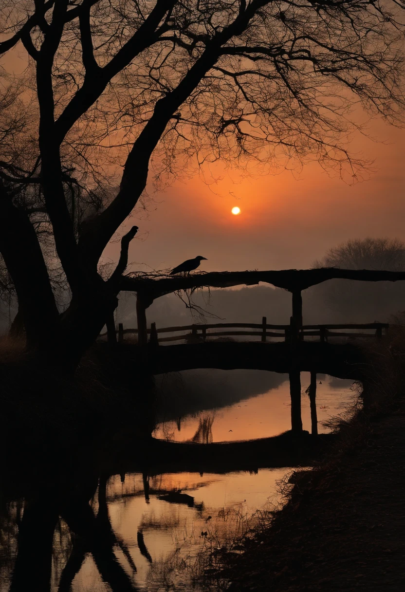 At dusk, a flock of crows landed on the old trees entangled with dead vines, emitting a mournful wail. The water under the small bridge is rumbling, and the farmers on the side of the small bridge are cooking smoke. The setting sun gradually lost its luster and fell from the west. In the cold night, only lonely travelers drift in distant places.