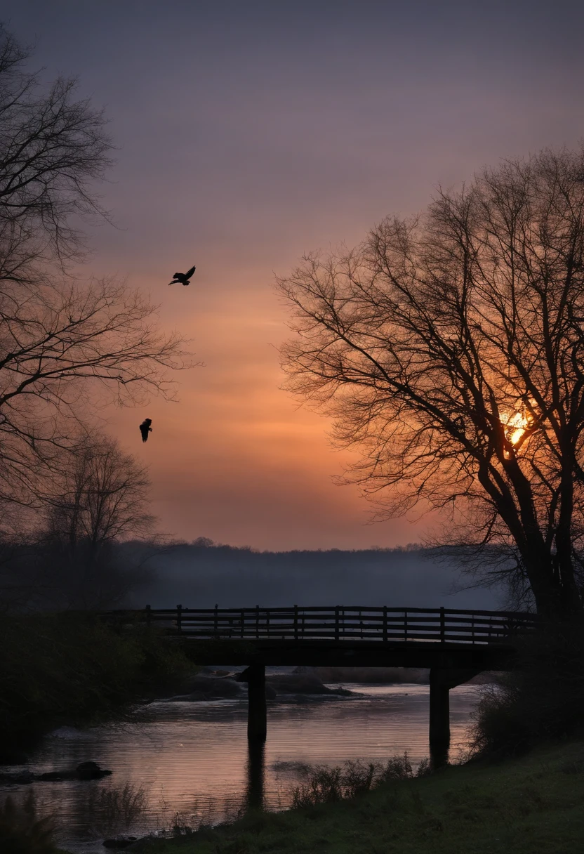 At dusk, a flock of crows landed on the old trees entangled with dead vines, emitting a mournful wail. The water under the small bridge is rumbling, and the farmers on the side of the small bridge are cooking smoke. The setting sun gradually lost its luster and fell from the west. In the cold night, only lonely travelers drift in distant places.