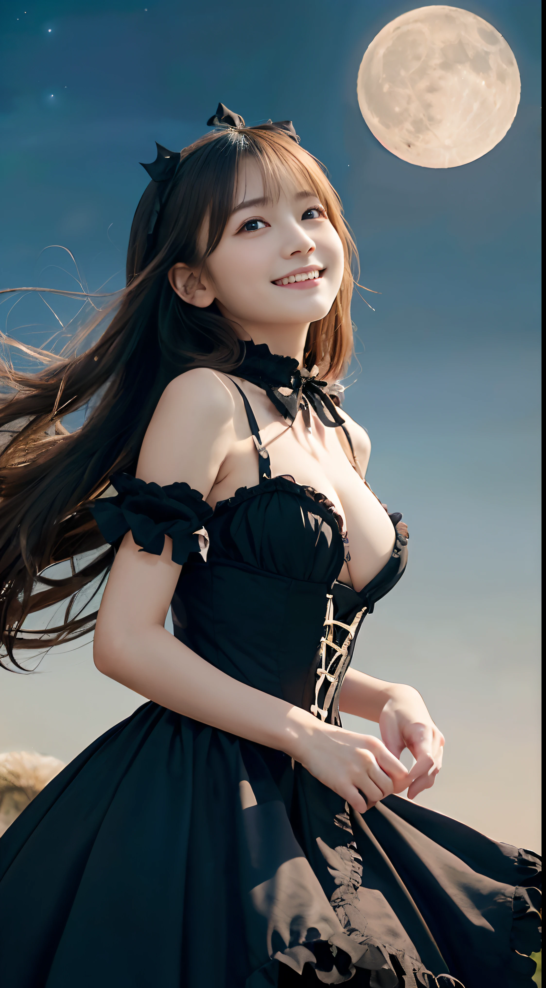 (Dressed in Gothic and ta costumes、One girl with slender small breasts and long hair:1.5)、(One girl with little smile and hair swaying in the wind :1.5)、(low angle shot :1.5)、(Beautiful full moon night:1.5)、(Perfect Anatomy:1.3)、(No mask:1.3)、(complete fingers:1.3)、Photorealsitic、Raw photography、masutepiece、top-quality、hight resolution、delicate and pretty、face perfect、Beautiful detailed eyes、Fair skin、Real Human Skin、pores、((thin legs))、(Dark hair)