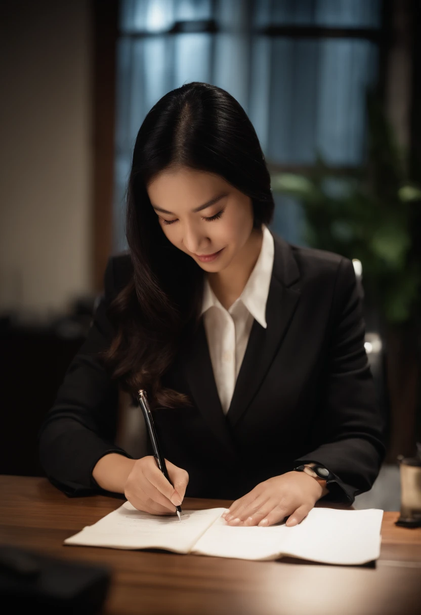 Wearing black leather gloves in both hands, upper body, black business suit, facing the desk in the modern study in the dark, looking down and smiling, writing a letter using a fountain pen, long, straight black hair, young Japanese woman (black leather gloves cover both hands)