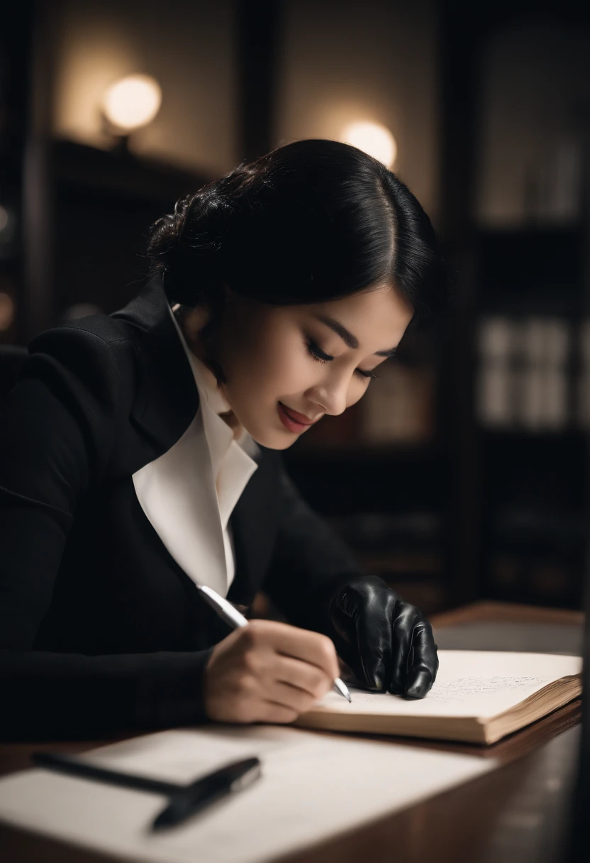 Wearing black leather gloves in both hands, upper body, black business suit, facing the desk in the modern study in the dark, looking down and smiling, writing a letter using a fountain pen, long, straight black hair, young Japanese woman (black leather gloves cover both hands)