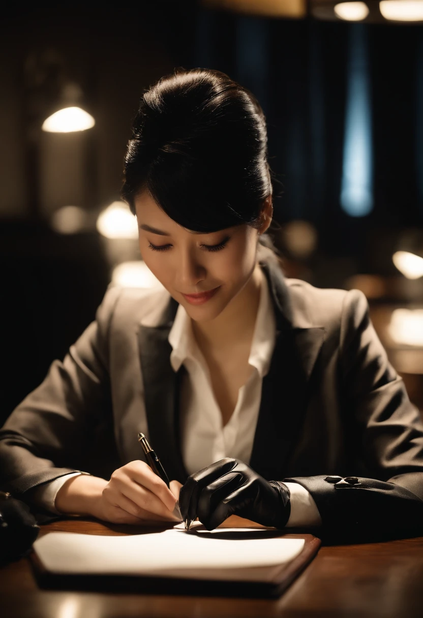 Wearing black leather gloves in both hands, upper body, black business suit, facing the desk in the modern study in the dark, looking down and smiling, writing a letter using a fountain pen, long, straight black hair, young Japanese woman (black leather gloves cover both hands)