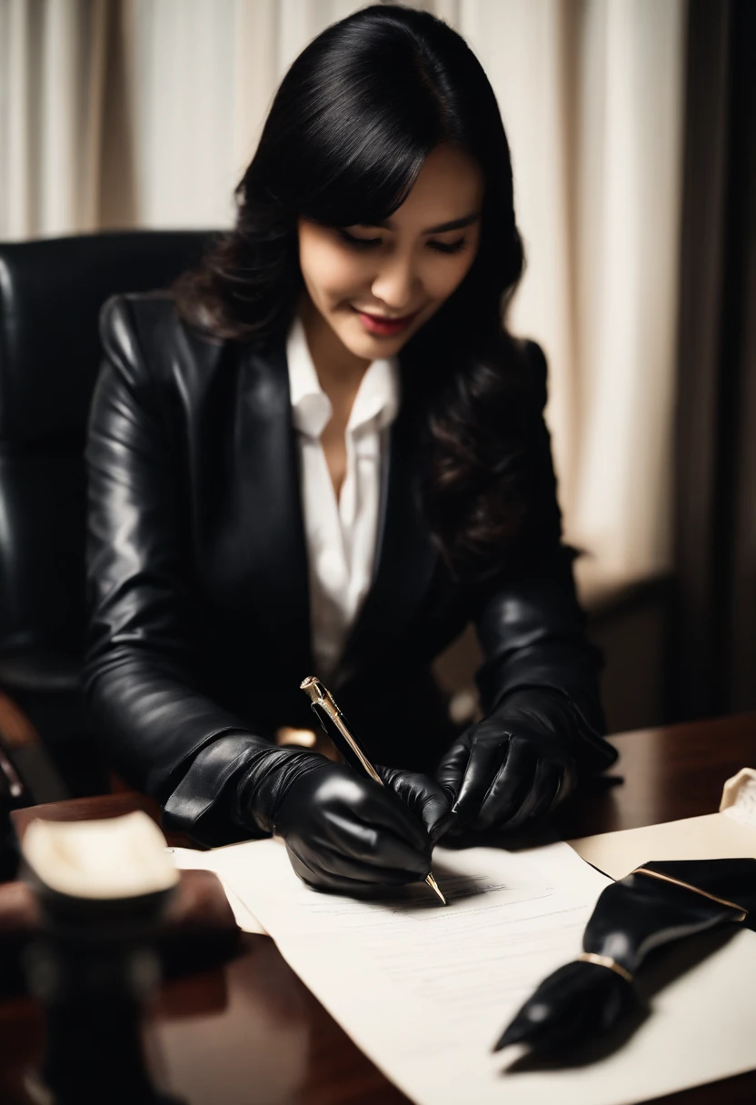 Wearing black leather gloves in both hands, upper body, black business suit, facing the desk in the modern study in the dark, looking down and smiling, writing a letter using a fountain pen, long, straight black hair, young Japanese woman (black leather gloves cover both hands)