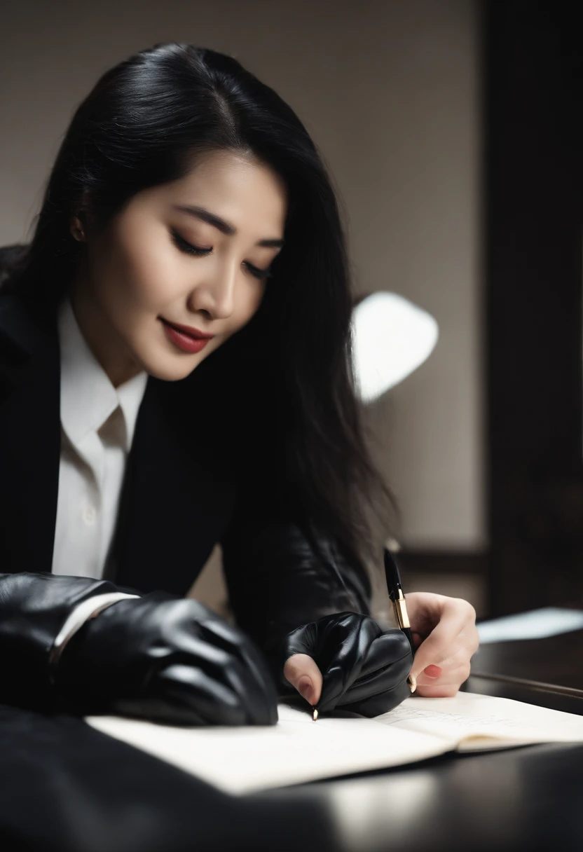 Wearing black leather gloves in both hands, upper body, black business suit, facing the desk in the modern study in the dark, looking down and smiling, writing a letter using a fountain pen, long, straight black hair, young Japanese woman (black leather gloves cover both hands)