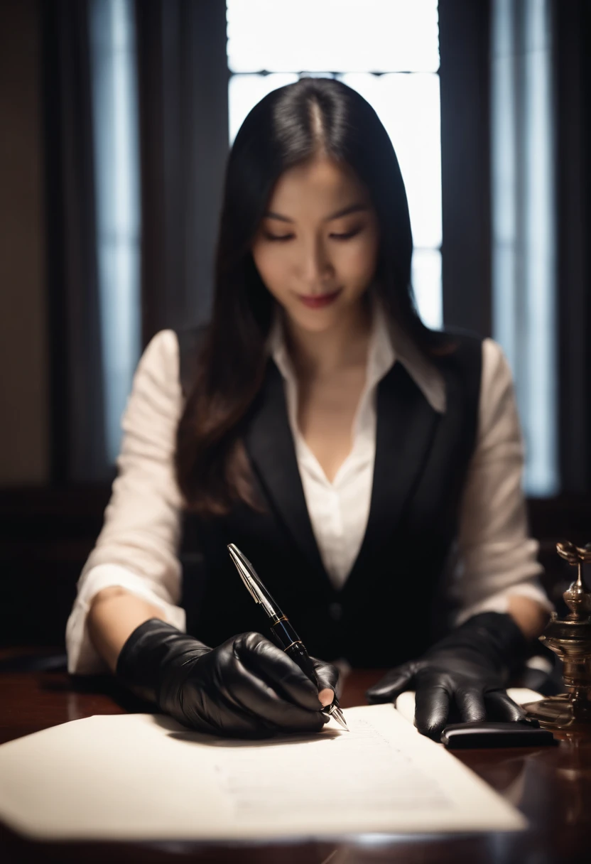 Wearing black leather gloves in both hands, upper body, black business suit, facing the desk in the modern study in the dark, looking down and smiling, writing a letter using a fountain pen, long, straight black hair, young Japanese woman (black leather gloves cover both hands)