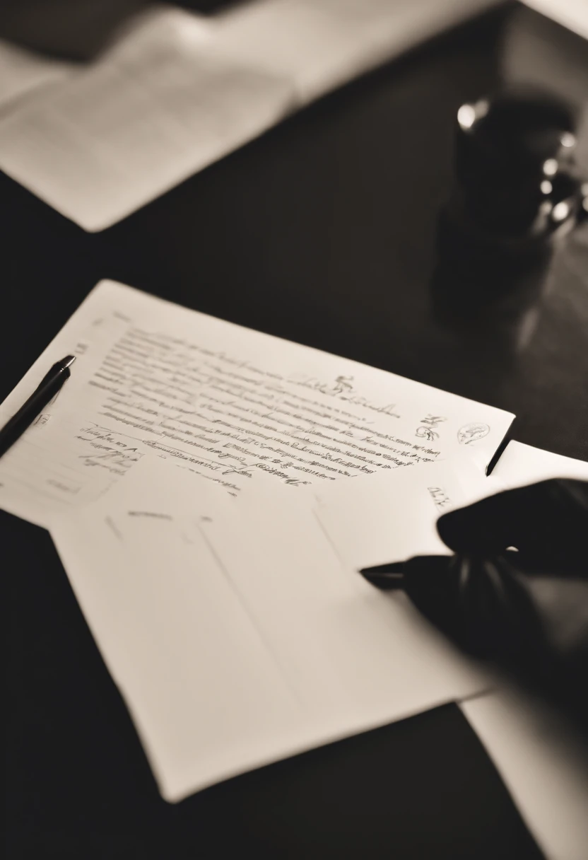 Wearing black leather gloves in both hands, upper body, black business suit, facing the desk in the modern study in the dark, looking down and smiling, writing a letter using a fountain pen, long, straight black hair, young Japanese woman (black leather gloves cover both hands)