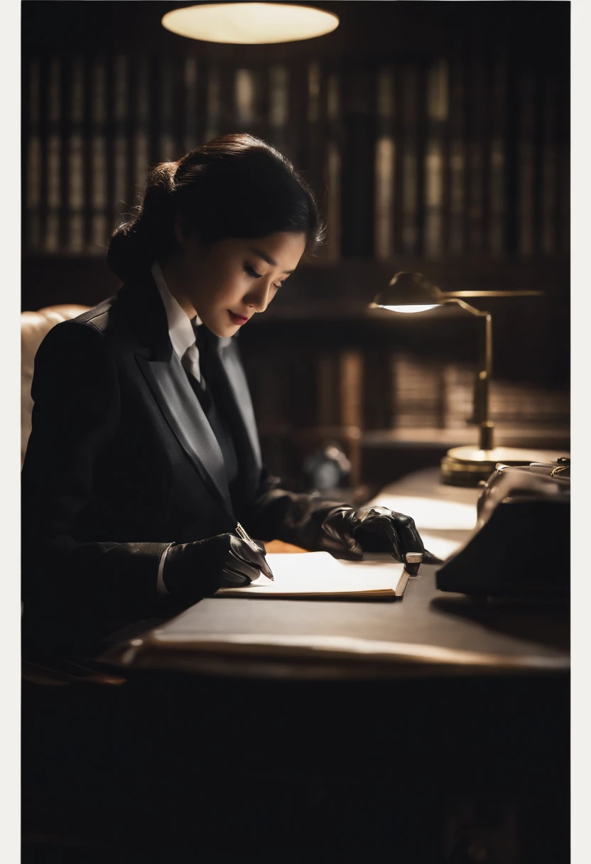 Wearing black leather gloves in both hands, upper body, black business suit, facing the desk in the modern study in the dark, looking down and smiling, writing a letter using a fountain pen, long, straight black hair, young Japanese woman (black leather gloves cover both hands)