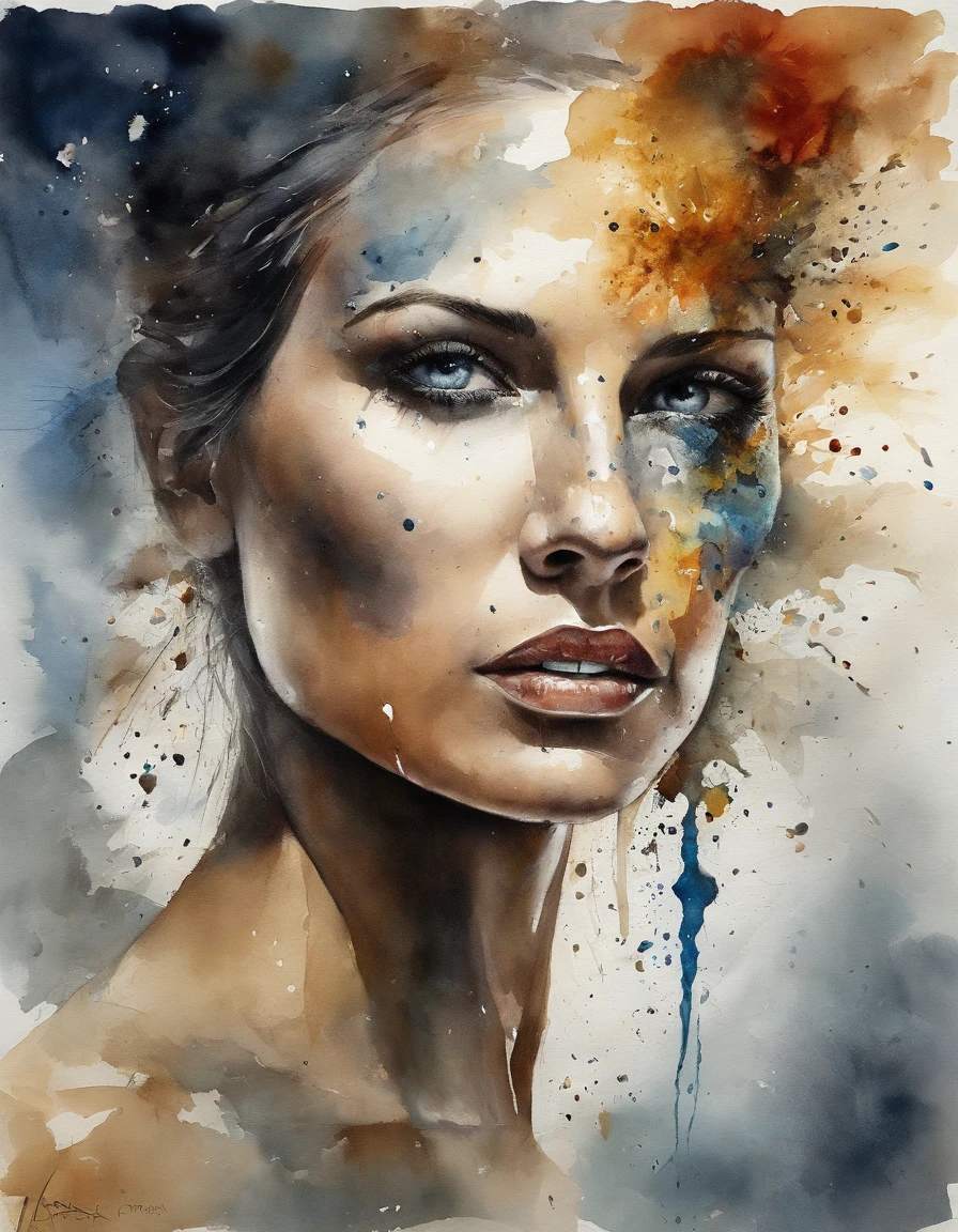 Water color painting of beautiful woman face with a broken head and broken glass on her face, expression of lonelyness, treagety, silence and depressed,Ogive explosive, Machine parts embedded in the face, Volatil, inspired by Igor Morski, Dramatic artwork, photomanipulation, Manipulation de photos, Disintegration, headbang until your brain bleeds, explosion of data fragments, tinnitus, official artwork, incredibly high detailed, Photoshop Art, effet de bruit