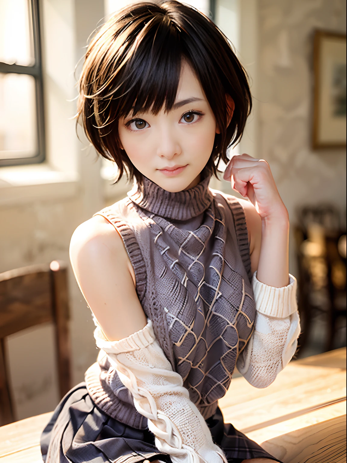 ((pixie_cut short_hair):1.2), 8K、Raw photography。top-quality、high_quality、Extreme_Detail_Photography、Eye for extreme detail、Super Detail Face、Hair in super detail、Super detail body、(Photography Lighting:1.3)、1girl、Puffy eyes、Eyes in good shape。Brown-eyed、dark brown short hair、good lips、Small lips、Raw photo, Best Quality, masutepiece, ultra-detailliert, (orange knit sleeveless turtleneck :1.5), (long knit arm_warmer:1.5), 超A high resolution, Realistic,wide_angle, tiny head, (big breasts:1.5), (pleated mini skirt:1.4), ((((solo)))), thick thighs, orange clothes, velma