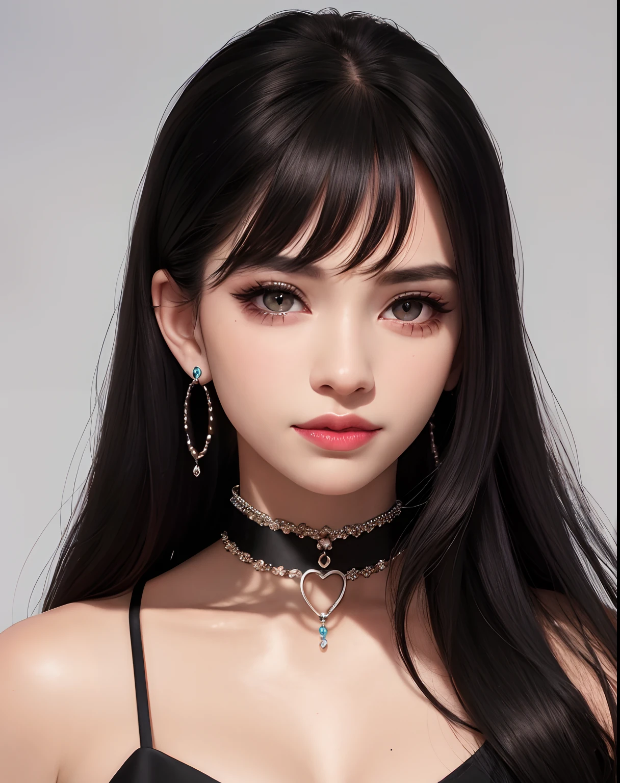 masterpiece,best quality,ultra-detailed,8K,detailed light,detailed shadow,RAW, (detailed skin),(realistic:1.2),
1girl,face,
pilyeon, black nails, jewelry, Long hair, looking at viewer, choker, necklace,piercing, white background, heart, closed mouth, grey eyes, nail polish, simple background, black hair, ear piercing, black choker, smile, eyelashes, lips, hand on own cheek, bangs, bracelet, beads, gem, earrings, fingernails