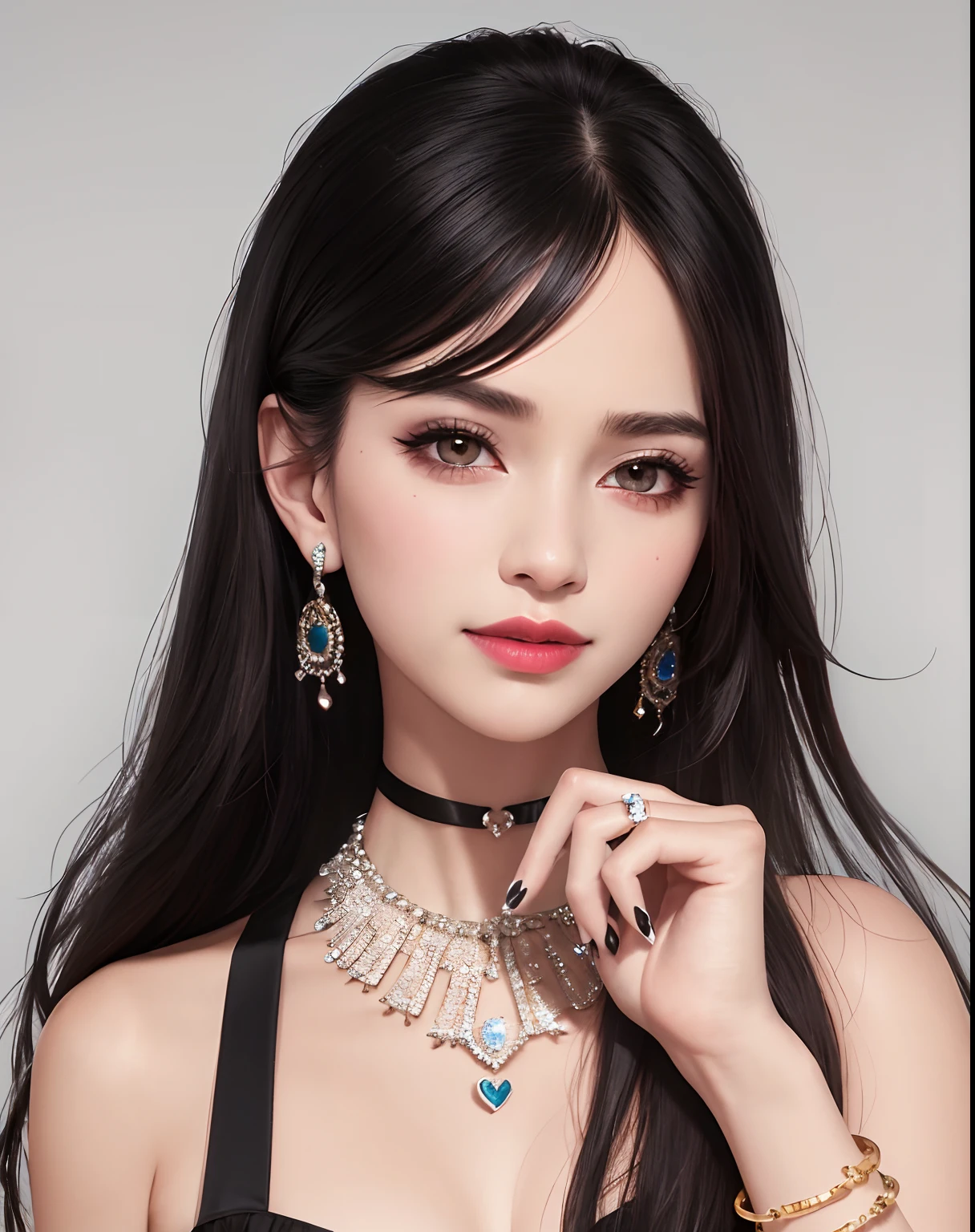 masterpiece,best quality,ultra-detailed,8K,detailed light,detailed shadow,RAW, (detailed skin),(realistic:1.2),
1girl,face,
pilyeon, black nails, jewelry, Long hair, looking at viewer, choker, necklace,piercing, white background, heart, closed mouth, grey eyes, nail polish, simple background, black hair, ear piercing, black choker, smile, eyelashes, lips, hand on own cheek, bangs, bracelet, beads, gem, earrings, fingernails