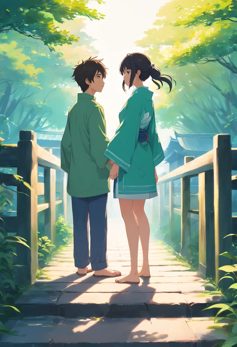 Ancient Chinese characters,A man and a woman,face to face,Close,Stand on a small bridge made up of magpies,Stick figure style,minimal style,Flat viewing angle,the sideview,Far view,Blue is the main color,White background,ultra HD picture quality,high high quality,high detal。