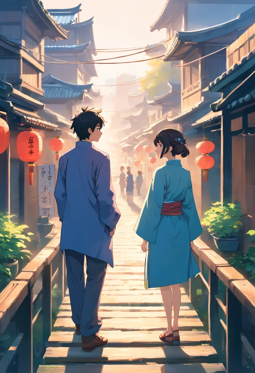 Ancient Chinese characters,A man and a woman,face to face,Close,Stand on a small bridge made up of magpies,Stick figure style,minimal style,Flat viewing angle,the sideview,Far view,Blue is the main color,White background,ultra HD picture quality,high high quality,high detal。
