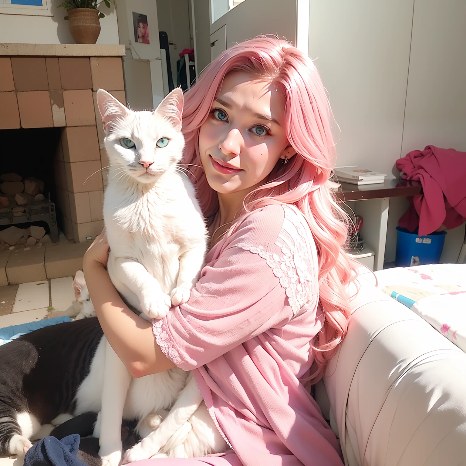 1 woman, long curly hair, pink hair,blue eyes, sitting with the cat, white cat, white fur cat, 1 cat