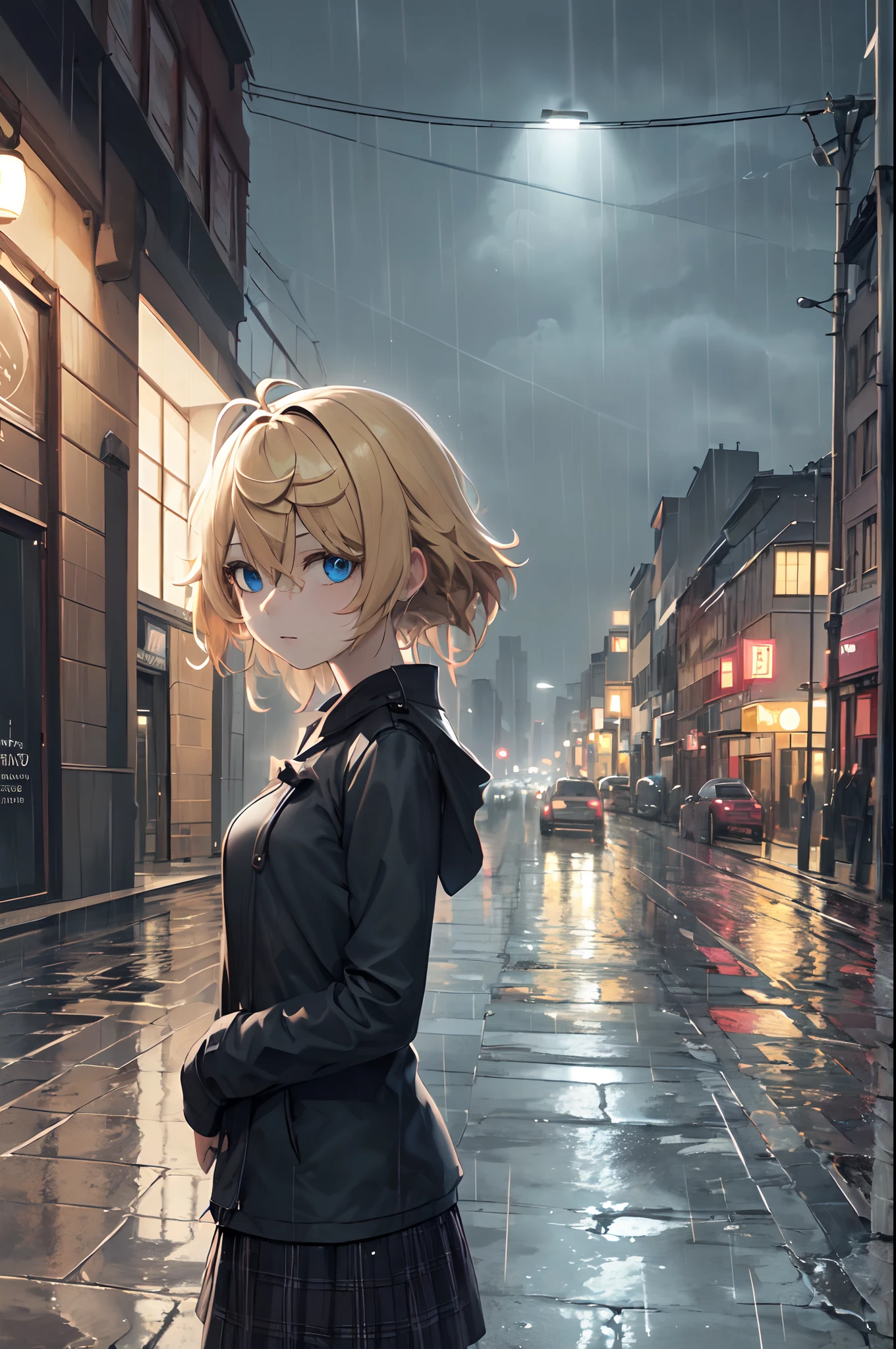 tanya, (masterpiece, best quality:1.2), rain in the night city, melancholic atmosphere, vibrant colours