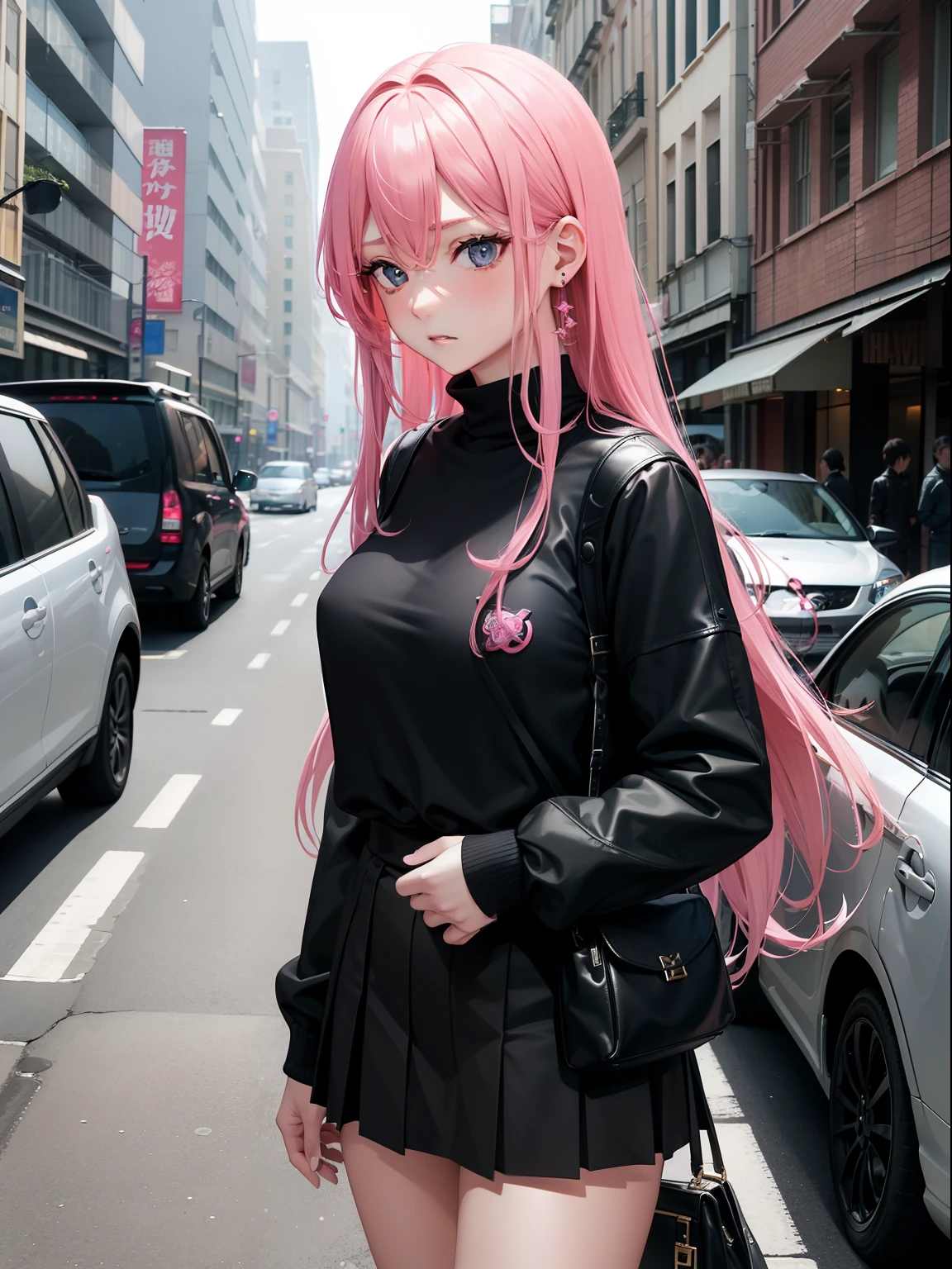 Bad girl、Black jumper、Pink mini skirt、Odango Hair、Pink hair、full bodyesbian、masuter piece:1.2、top-quality)、(Live action、Intricate details)、(1lady、独奏、The upper part of the body、Colossal tits) garments: Edgy、Black jumper、Pink mini skirt、Avant-garde、Experimental appearance: Long pink hair、BEReaction: Runaway Ladies Leader、secretary-general、Black jumper、Pink mini skirt、Anti-system、Provocative Location: bustling city、 interesting: motor bikes、Runaway Ladies、Bad girl、Create mixed media art、 values: individuality、authenticity、Creative Expression Inspiration: Runaway Ladies Leader、secretary-general、nature: boldness、Unconventional。