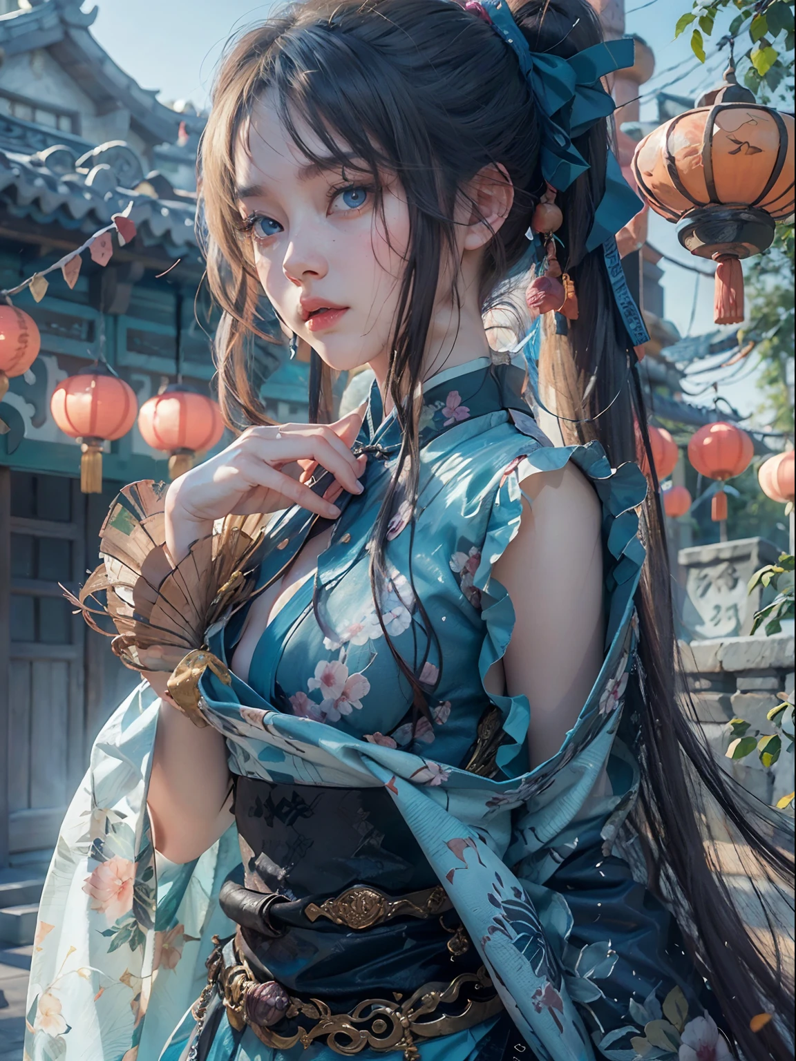 nsfw, 1girl,  body, (masterpiece: 1.4), (8K, realistic, raw photo, best quality: 1.4), skirtlift, strip ,   shape clear, beautiful breasts, Japanese girl, beautiful cute face, (real face: 1.4), perfect , beautiful hairstyle, realistic blue eyes, beautiful detail eyes, (real skin: 1.3), beautiful skin, attractive, ultra high resolution, ultra realistic, cinematic lighting, black colored hair, long hair, twin ponytails, blue ribbons, ancient china, eastern fantasy, chinese garden with lanterns, after , lying, cumdrip, on back,  silly