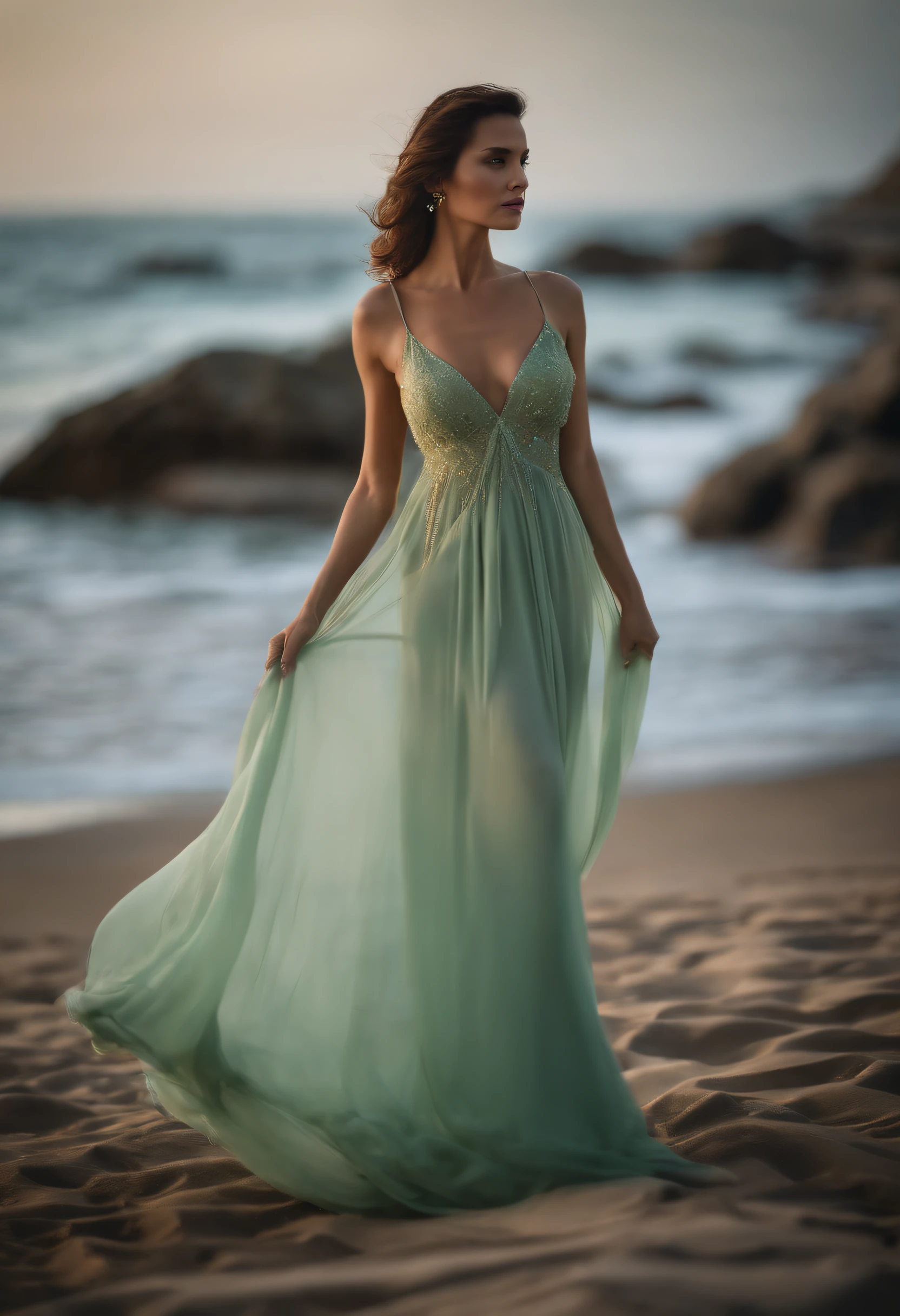 Ala Fed woman in thin light green dress standing on the beach, Flowing gown, fantasy long intricate gown, A flowing dress, ethereal beauty, sexy gown, dressed beautiful gown, jaw-dropping beauty, Flowing light green dress, full pose, Beautiful Gowns, jen zee, jaw dropping beauty, wearing flowing dress, stunning elegant, Full length view, Light green gown, translucent  dress