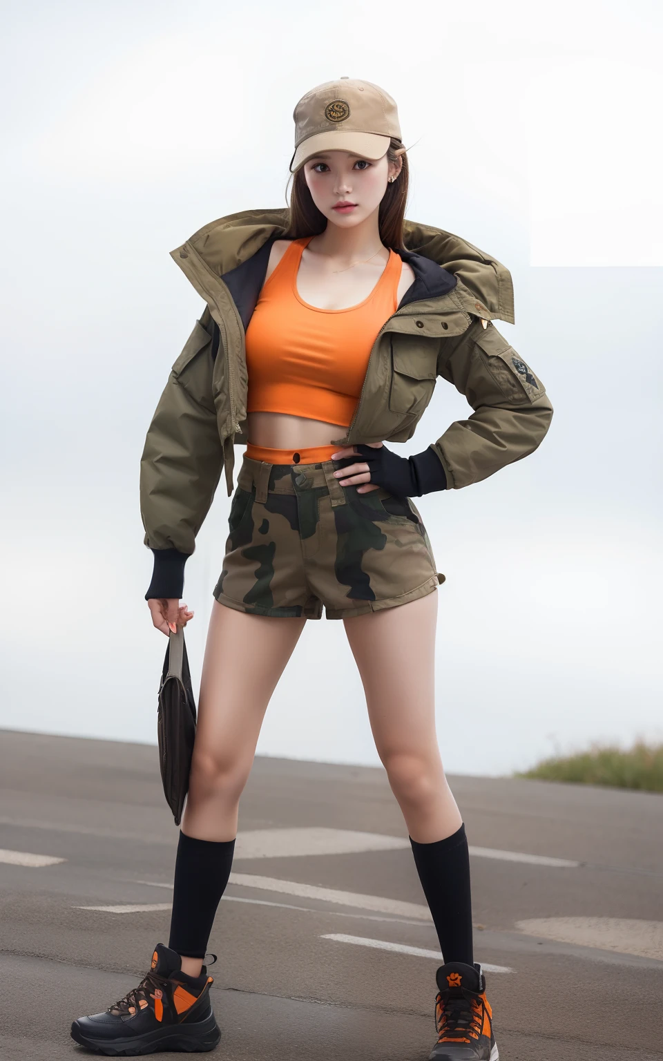 Princess、Good Style、Brown-haired semi-long、Wild shorts、Military jacket、Idol face、large full breasts、Orange Tank Top