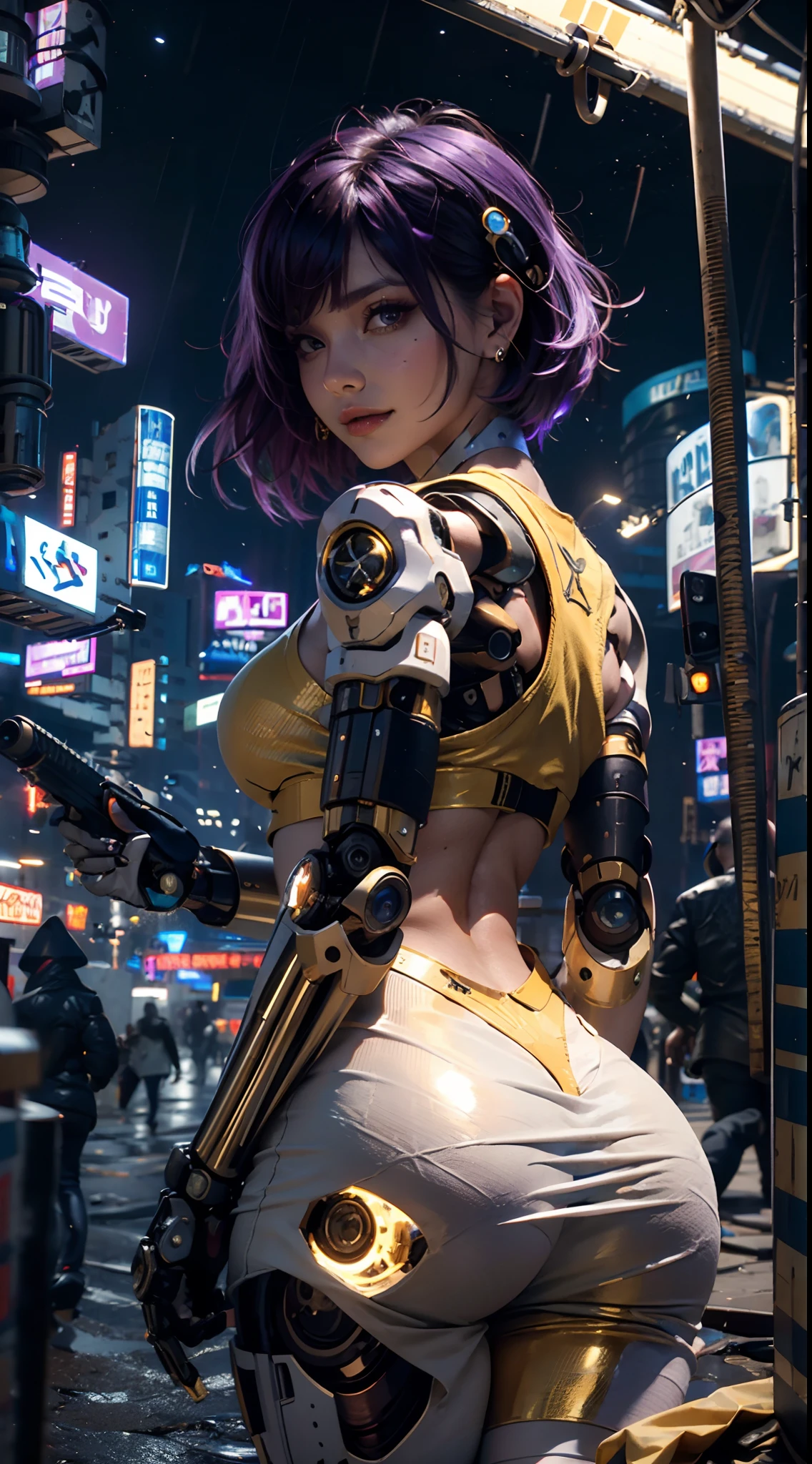 masterpiece, maximum quality, ultra high resolution, 8k, a girl,beauty,21years old,fair skin, extremely beautiful,strong gaze, alone,portrait,close-up face,cyberpunk outfit, extremely detailed face, detailed eyes,mischievous smile, cheerful, realistic photo, totally realistic, human pelle, studio lighting,golden ratio body, wide hips,perfect legs, big ass,purple hair,blunt bangs,orange and white clothing,D-cup breasts,in the rooftop of cyberpunk city,cyberpunk city background,((night)),rain,tattoos,Combat posture,((cyborg)),((Mechanical mask)),holding a rifle,from behind