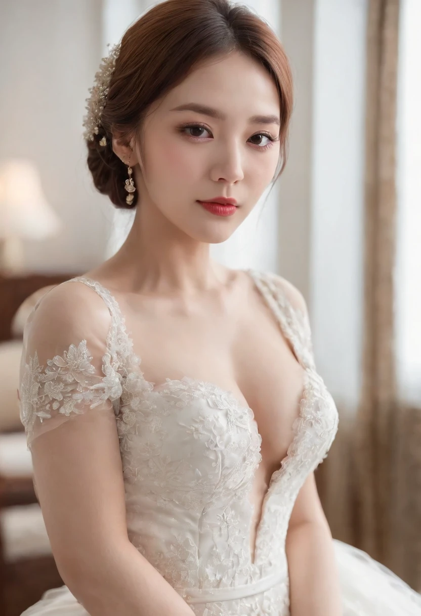 Korean Bride，Being in a hotel，(get down on the bed:1.2)，(Pouting her ass:1.1)，(Being touched by an older man:1.5)，(Being stroked in the crotch of a man:1.1)，Seen from the front，
（（（tmasterpiece）））， （（best qualtiy））， （（intricate detailes））， （（Ultra-realistic realism））， Ridiculous resolution， A MILF， Mature Woman， see -through， ighly detailed， illustratio， 1. Mature Women， （（Large breasts:1.1））， (pink areolae)，perfect hand， Detailed finger， Beautiful detailed eyes，wavy curly hair，with brown eye， Name badge， vd， （Korean Wedding Dresses:1.2）， white suspender stockings，(Sweating profusely)，(no brassiere，Chest leaks from clothes:1.3)，neck rings，耳Nipple Ring， detailedbackground， Being in a hotel， perfect  eyes， mesmerizing eyes，cocked ass，Reddened face，(weeping:1.4)，(Innocent)，confused eyes