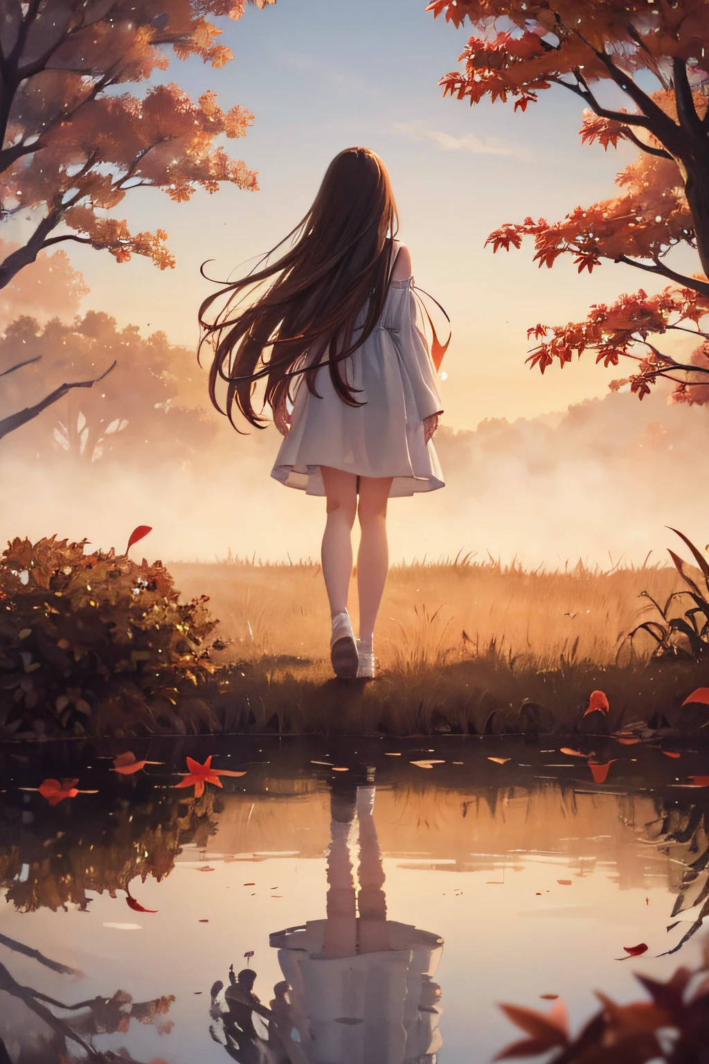 (High quality, 8K), watercolor paiting, (Soft light), My heart, Full of love for you,、Aimlessly adrift、I only think of you. Simple white dress, Morning fog, Long hair, (Back shot), autumn, red leaves, yellow leaves