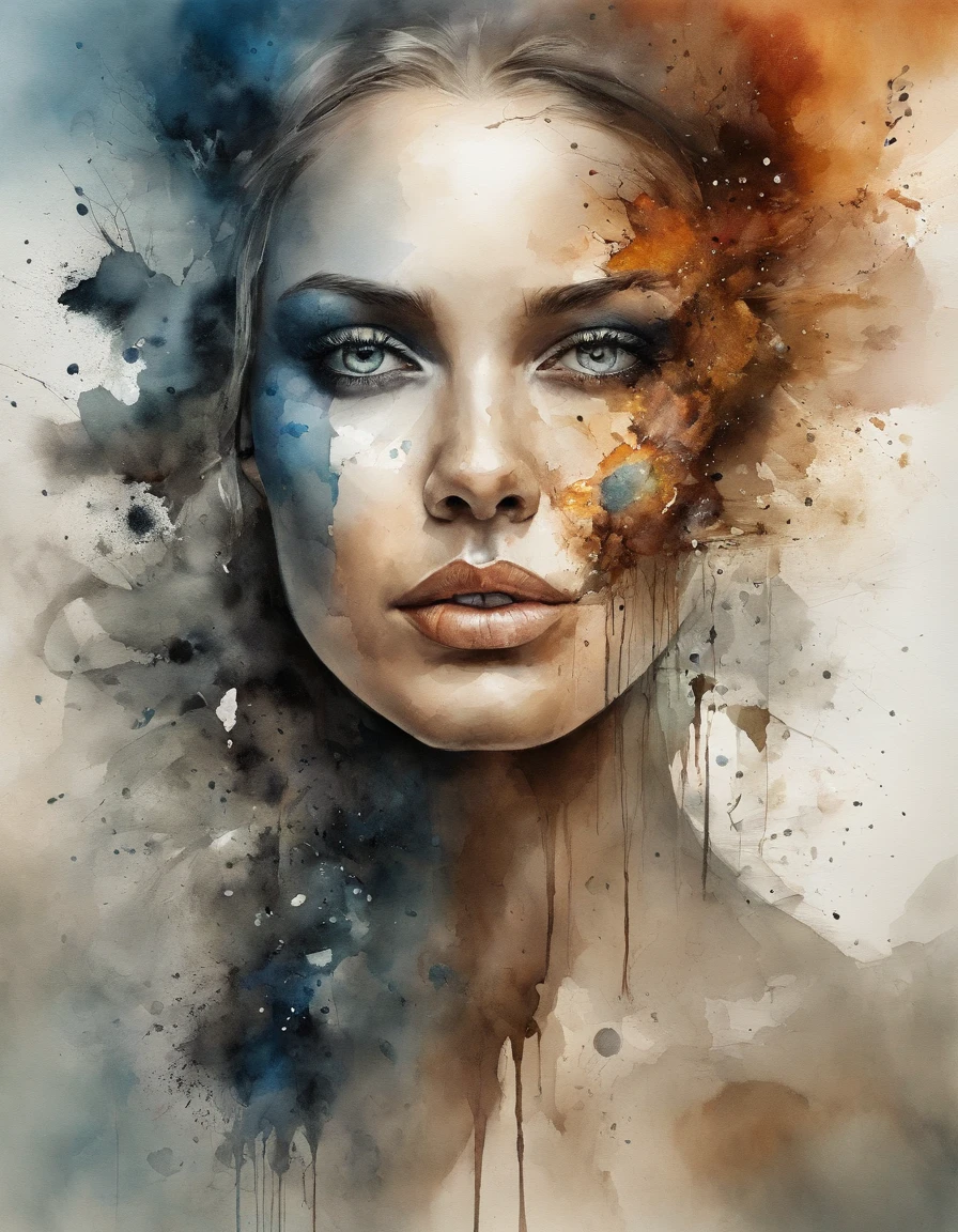 painting of a woman with colorful paint splatters on her face, art of alessandro pautasso, beautiful art uhd 4 k, expressive beautiful portrait, vibrant digital painting, abstract portrait, stunning digital art, digital art 4 k, digital art 4k, digital painting art, expressive digital painting, painted digital art, gorgeous digital art, an expressive digital painting, light grey background