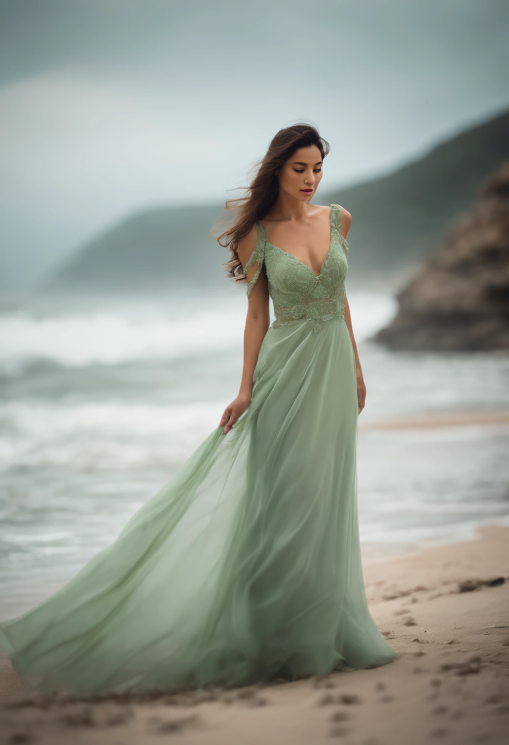 Ala Fed woman in thin light green dress standing on the beach, Flowing gown, fantasy long intricate gown, A flowing dress, ethereal beauty, sexy gown, dressed beautiful gown, jaw-dropping beauty, Flowing light green dress, full pose, Beautiful Gowns, jen zee, jaw dropping beauty, wearing flowing dress, stunning elegant, Full length view, Light green gown, translucent dress